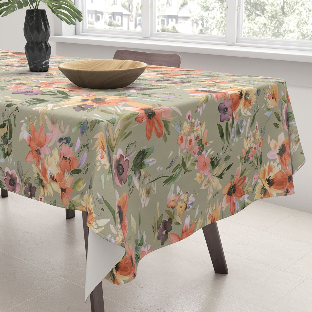 Ninola Design Botanic Retreat Painterly Tropical Flowers Sage Green Tablecloth