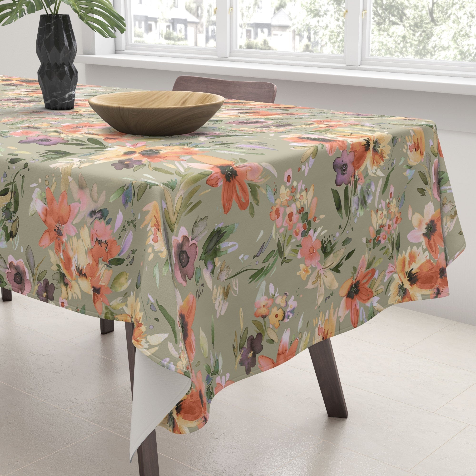 Ninola Design Botanic Retreat Painterly Tropical Flowers Sage Green Tablecloth