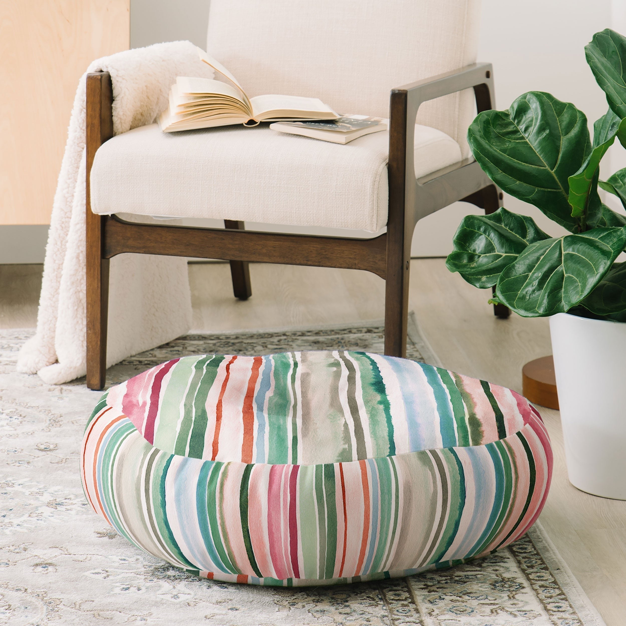 Ninola Design Botanic Retreat Watercolor Stripes Green Orange Red Floor Pillow Round