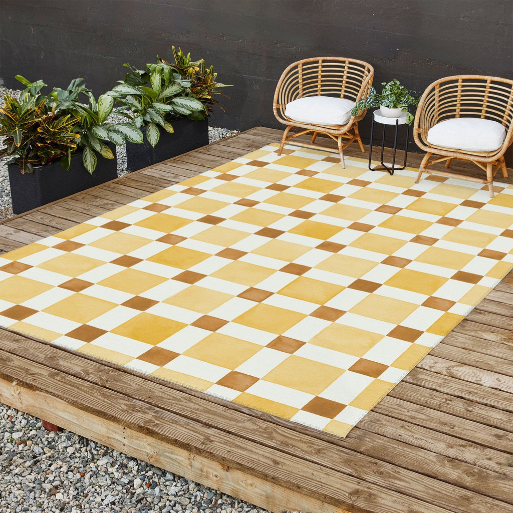 Ninola Design Everyday Artifact Checker Mosaic Tiles Geometry Yellow Outdoor Rug