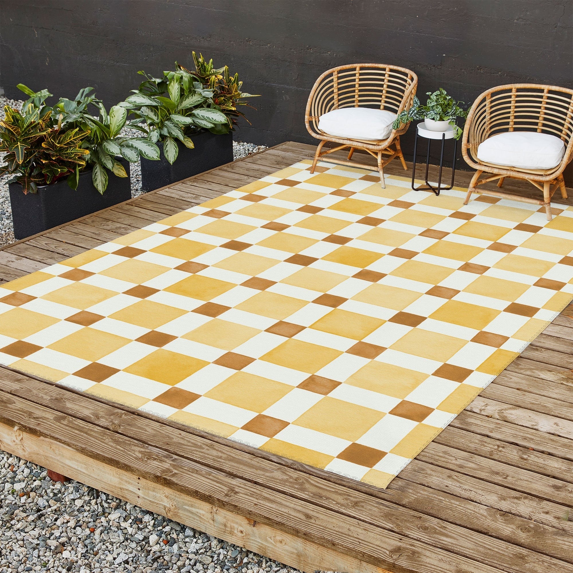 Ninola Design Everyday Artifact Checker Mosaic Tiles Geometry Yellow Outdoor Rug