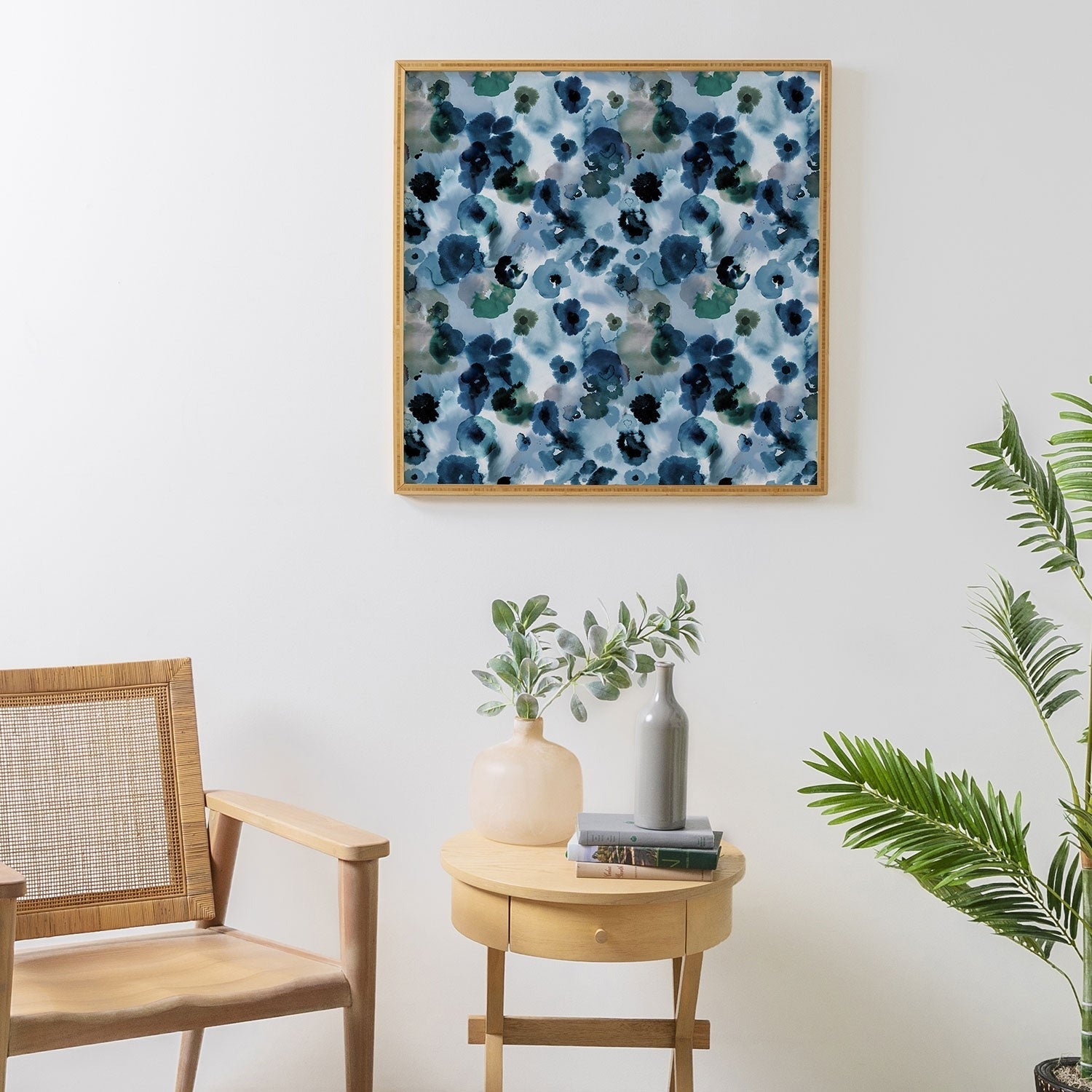Ninola Design Botanic Retreat Ombre Abstract Watercolor Flowers Blue Navy Framed Wall Art