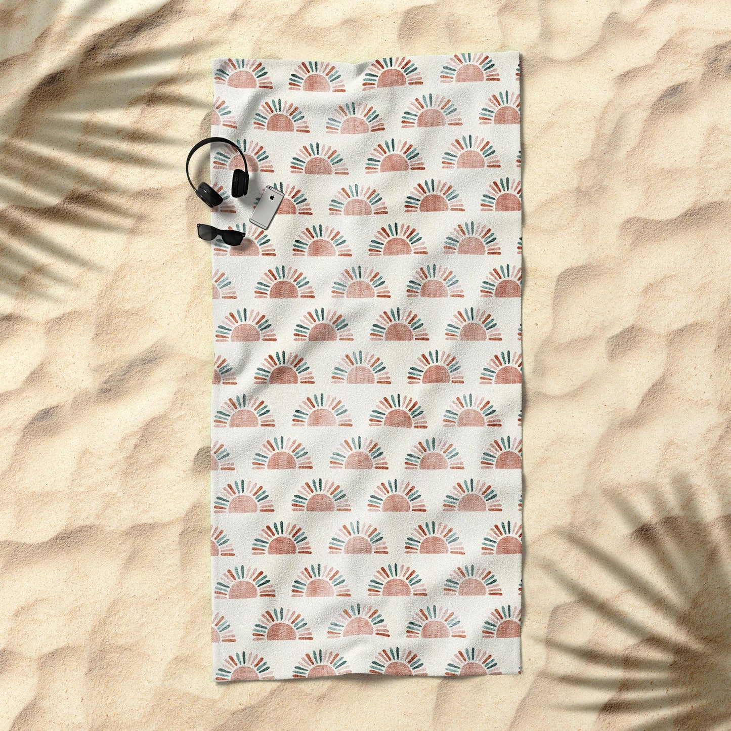 Little Arrow Design Co block print suns jade and dusty rose Beach Towel