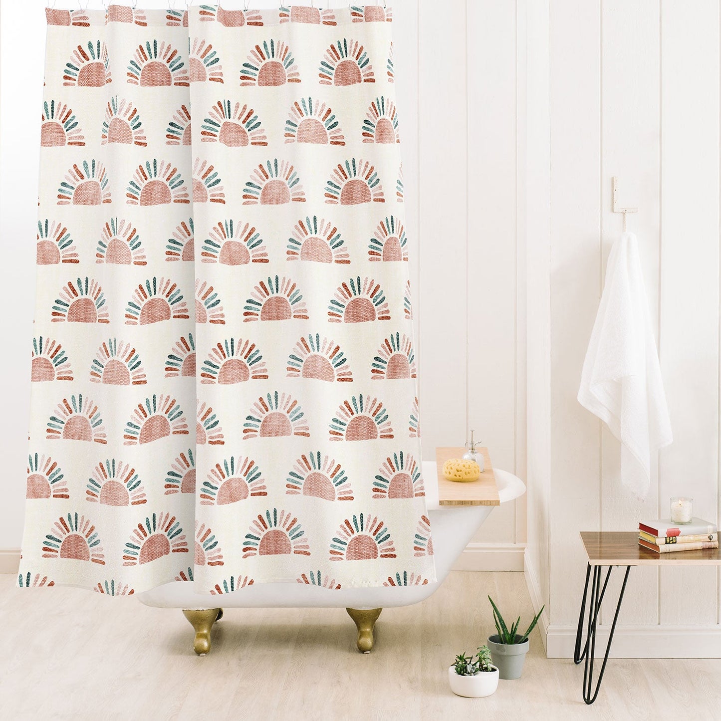 Little Arrow Design Co block print suns jade and dusty rose Shower Curtain