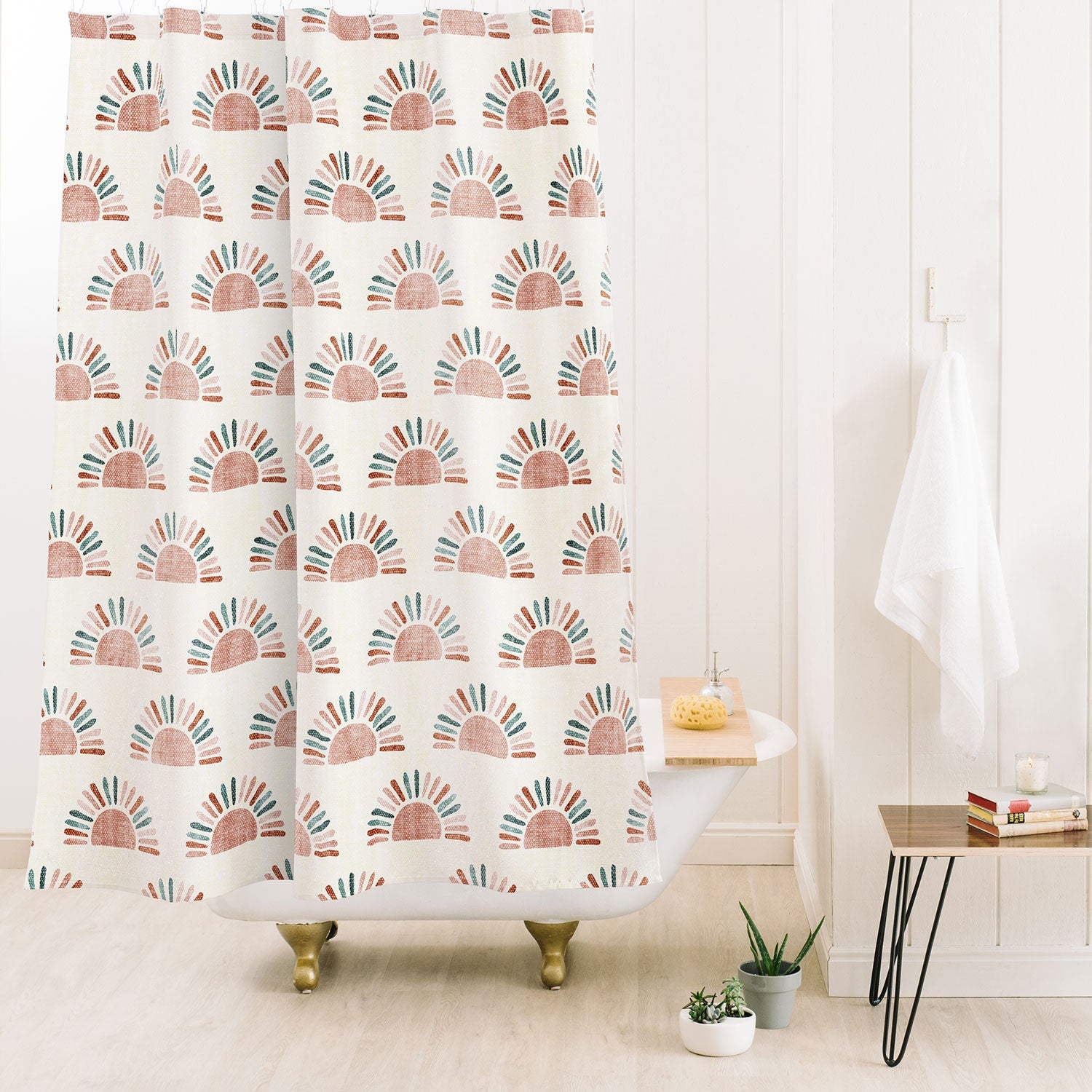 Little Arrow Design Co block print suns jade and dusty rose Shower Curtain