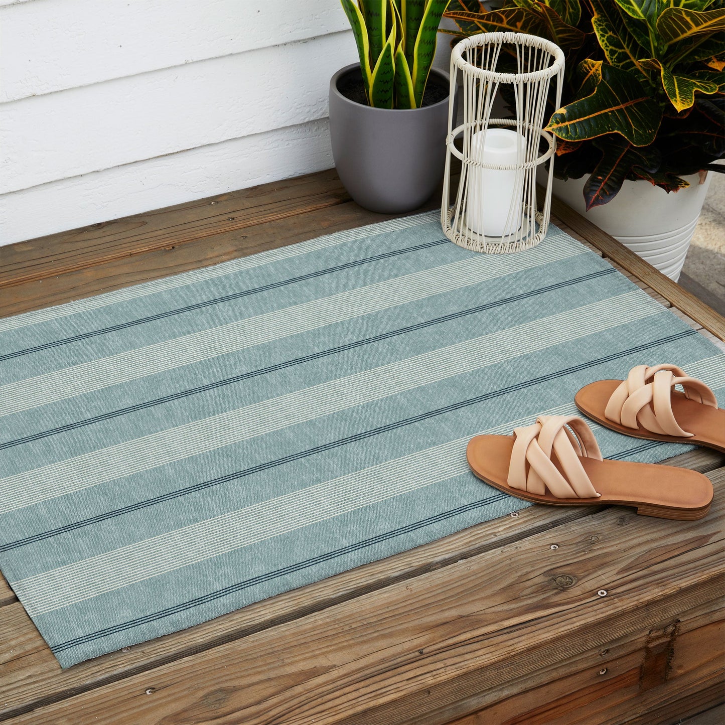 Little Arrow Design Co ivy stripes dusty blue Outdoor Rug