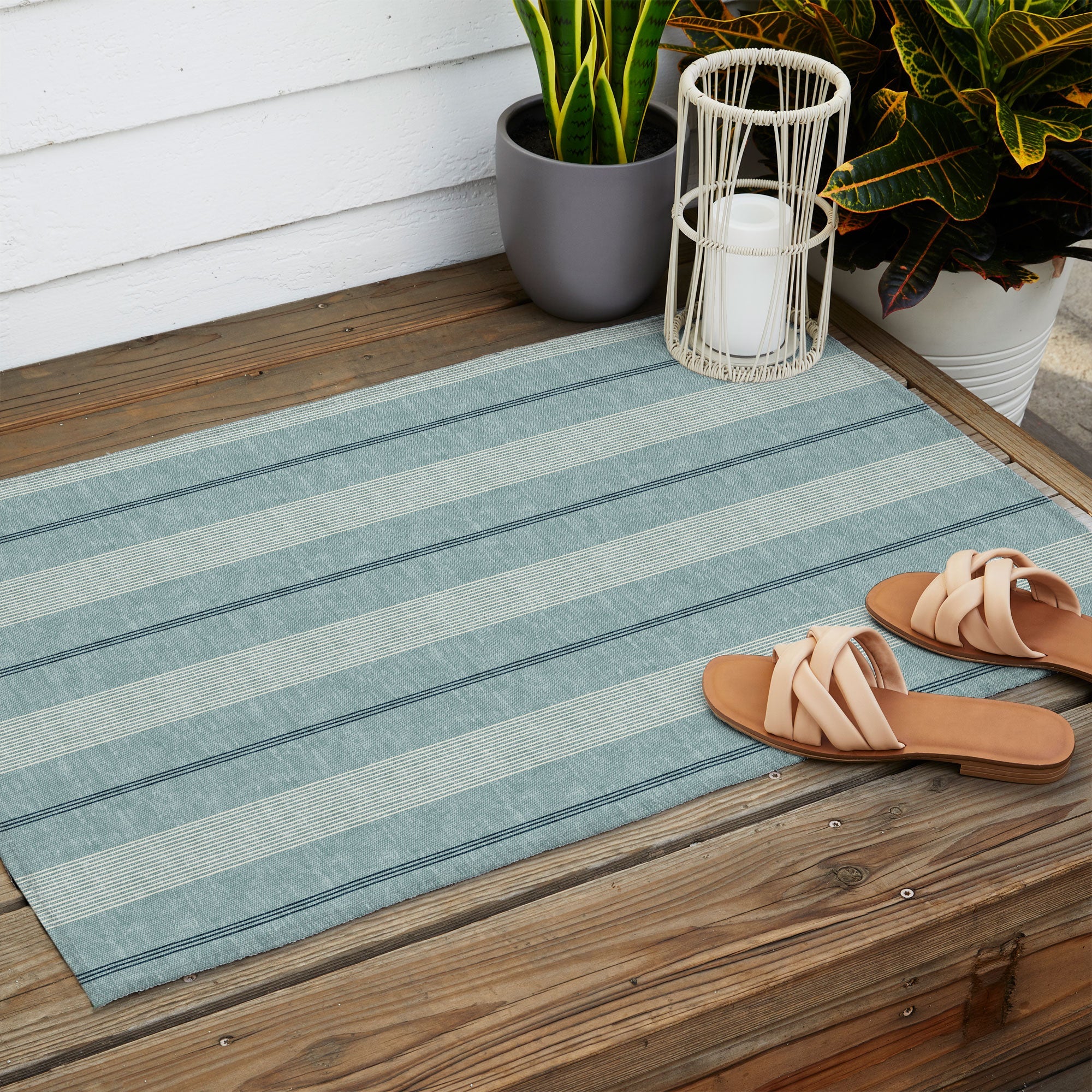 Little Arrow Design Co ivy stripes dusty blue Outdoor Rug