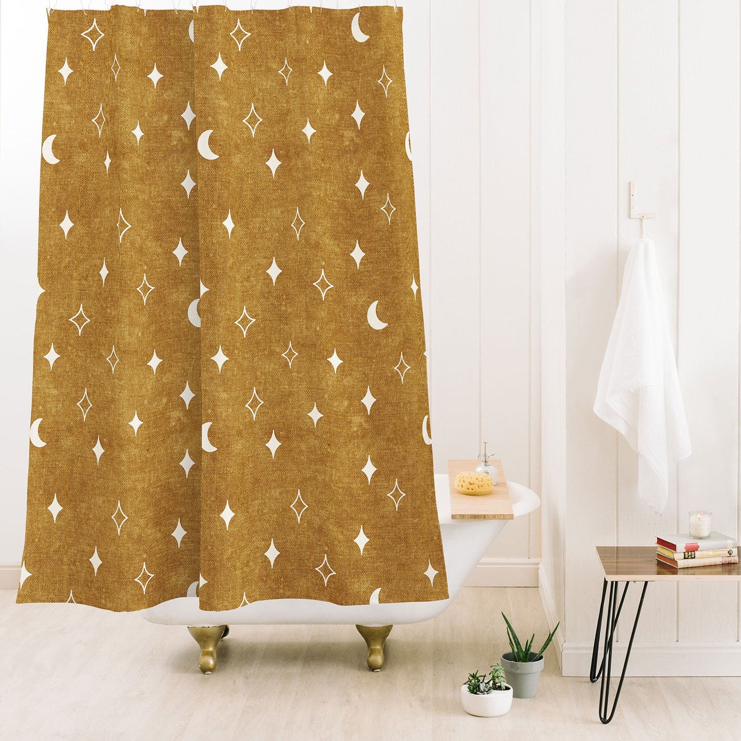 Little Arrow Design Co moon and stars mustard Shower Curtain