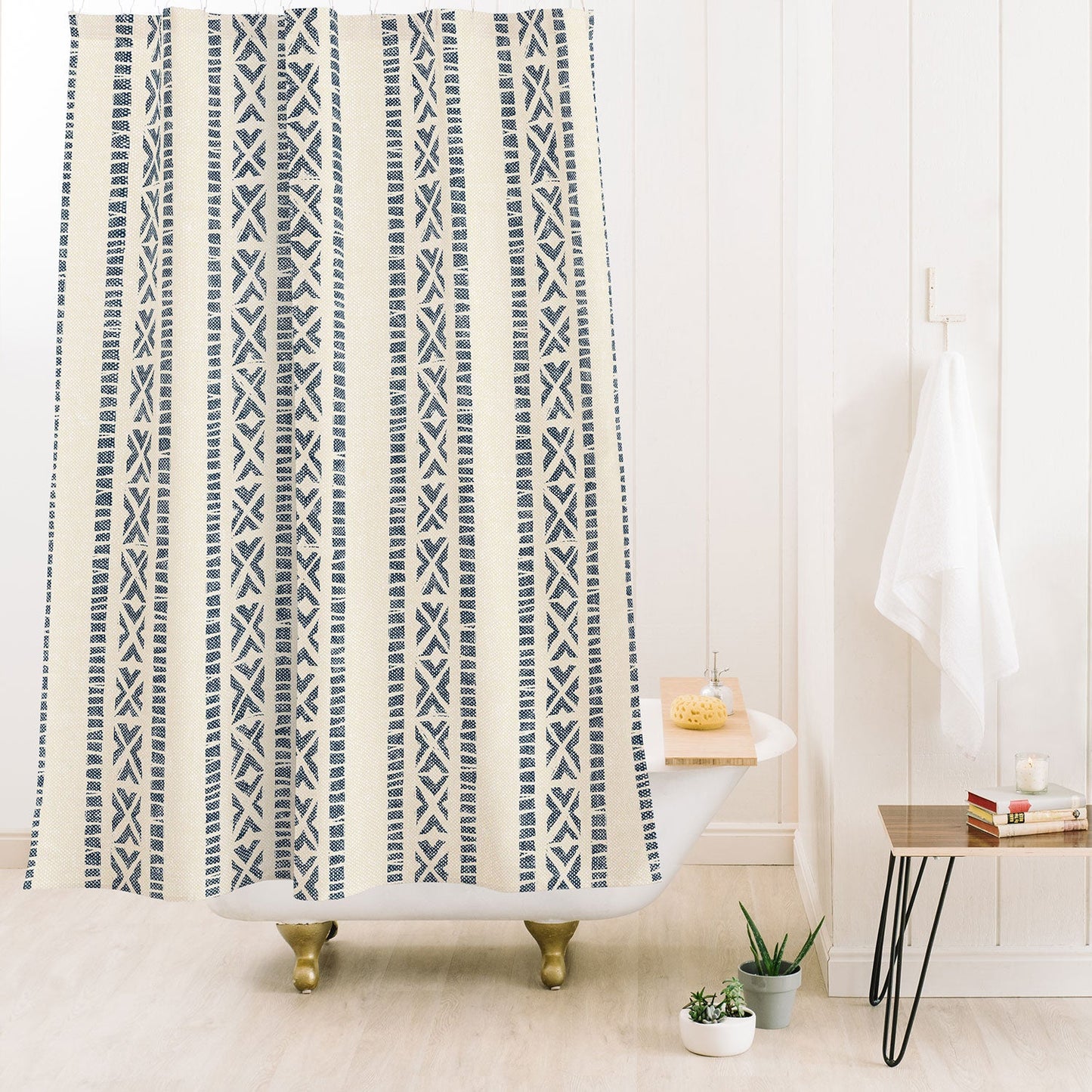 Little Arrow Design Co oceania vertical stripes navy Shower Curtain