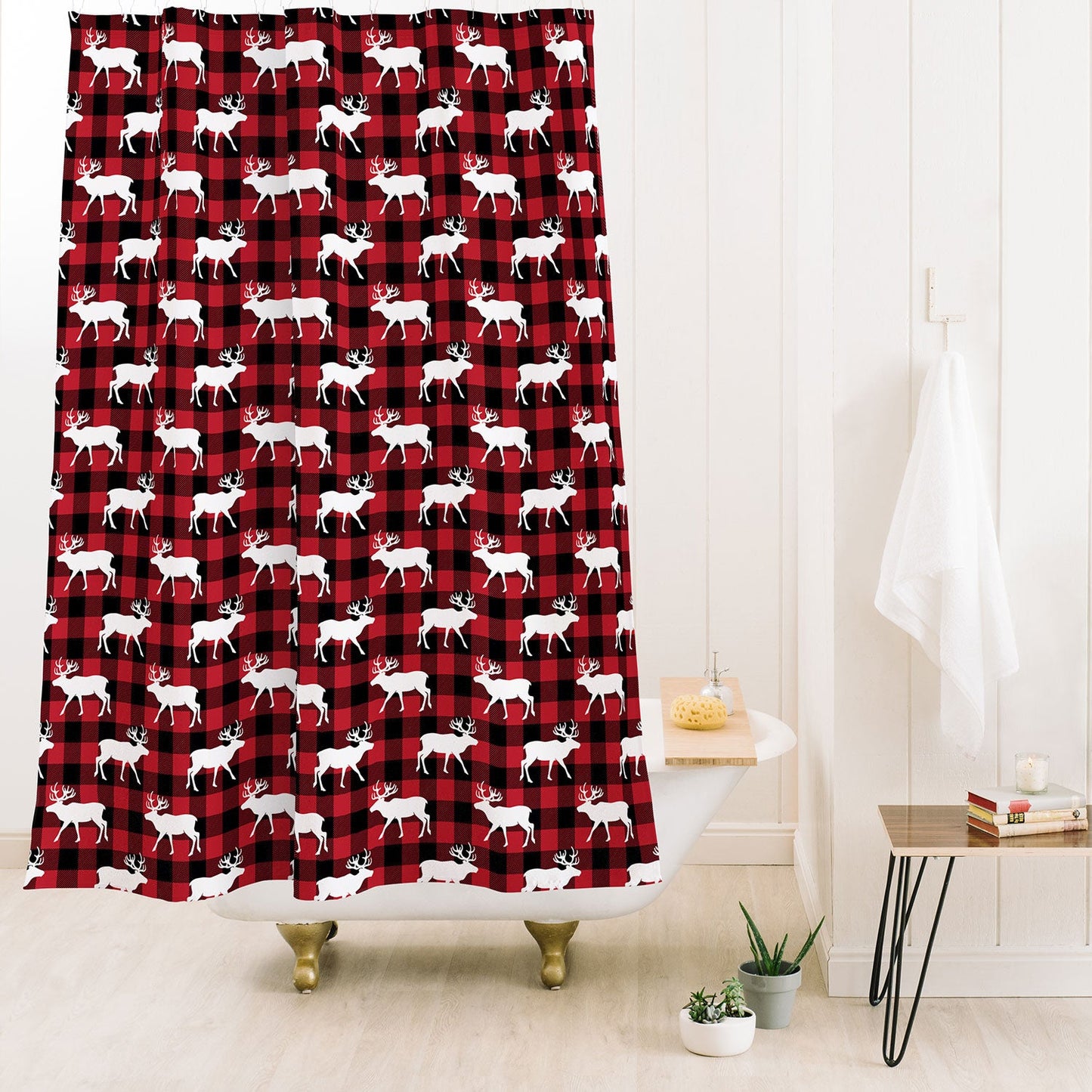 Little Arrow Design Co reindeer on buffalo plaid Shower Curtain