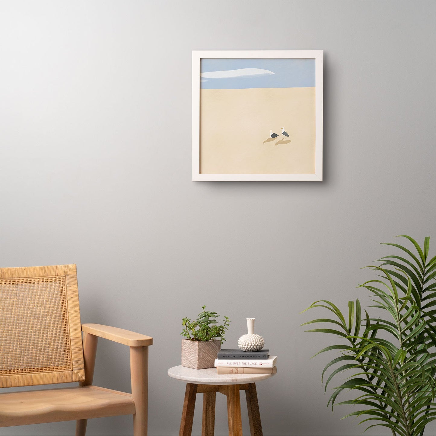 Little Dean Minimal sand beach with seagull Framed Wall Art