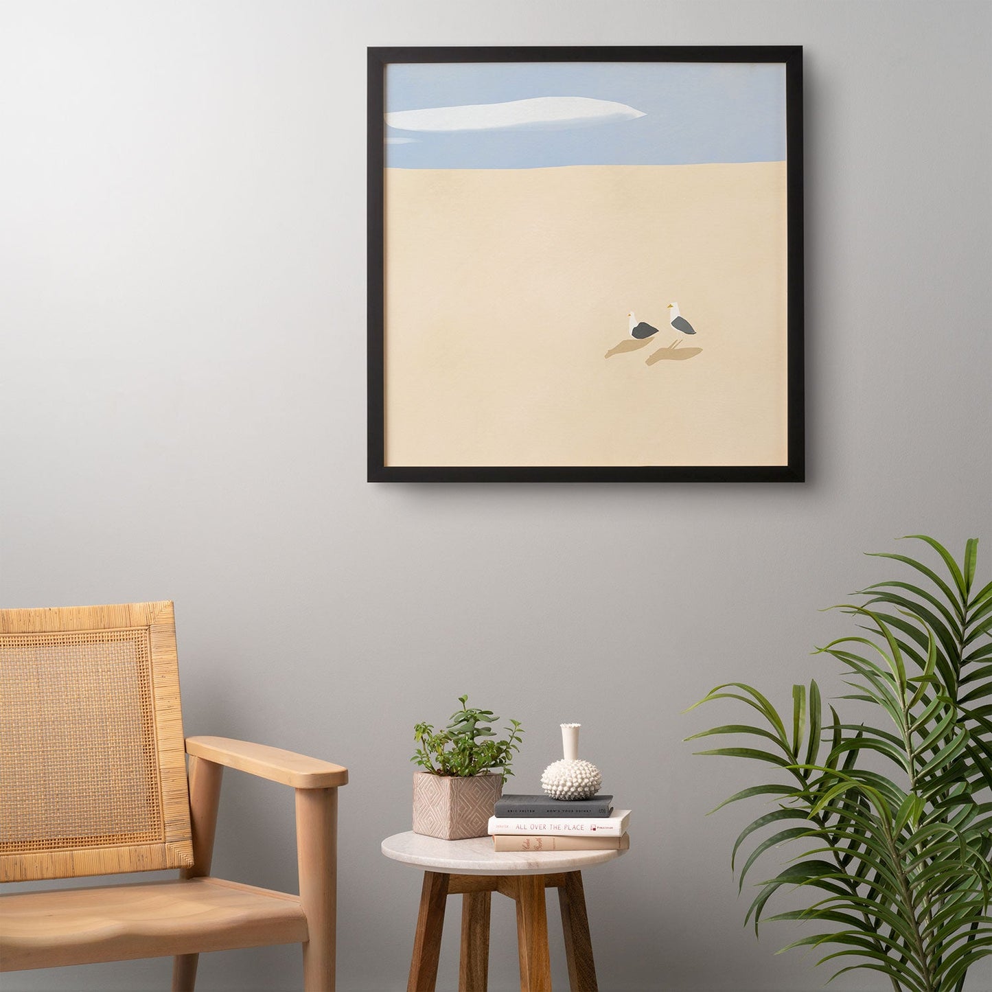 Little Dean Minimal sand beach with seagull Framed Wall Art