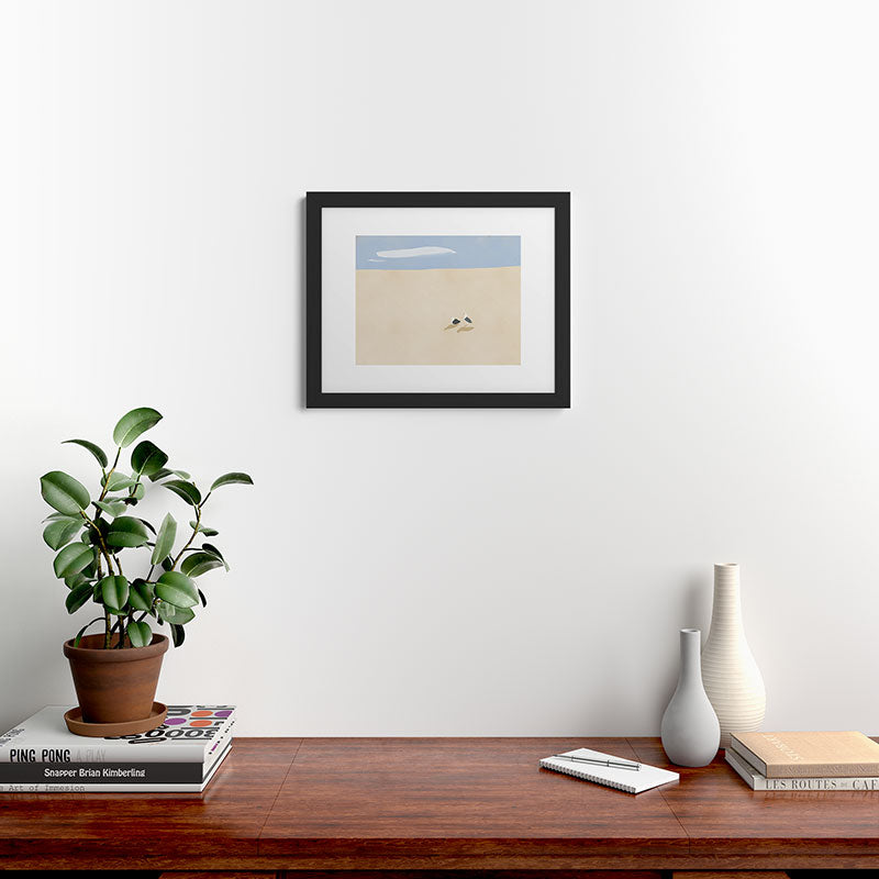 Little Dean Minimal sand beach with seagull Framed Art Print