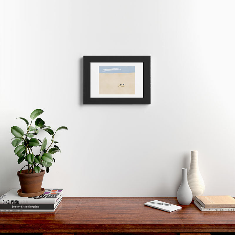 Little Dean Minimal sand beach with seagull Framed Art Print