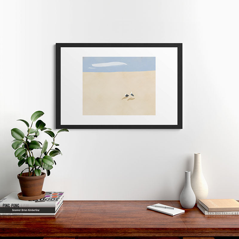 Little Dean Minimal sand beach with seagull Framed Art Print