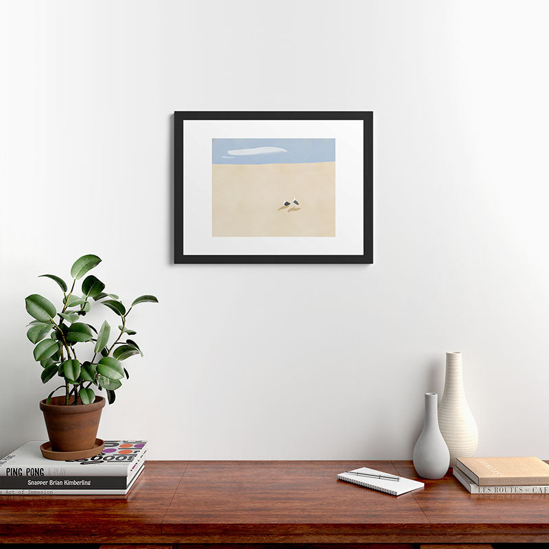 Little Dean Minimal sand beach with seagull Framed Art Print