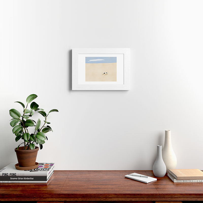 Little Dean Minimal sand beach with seagull Framed Art Print