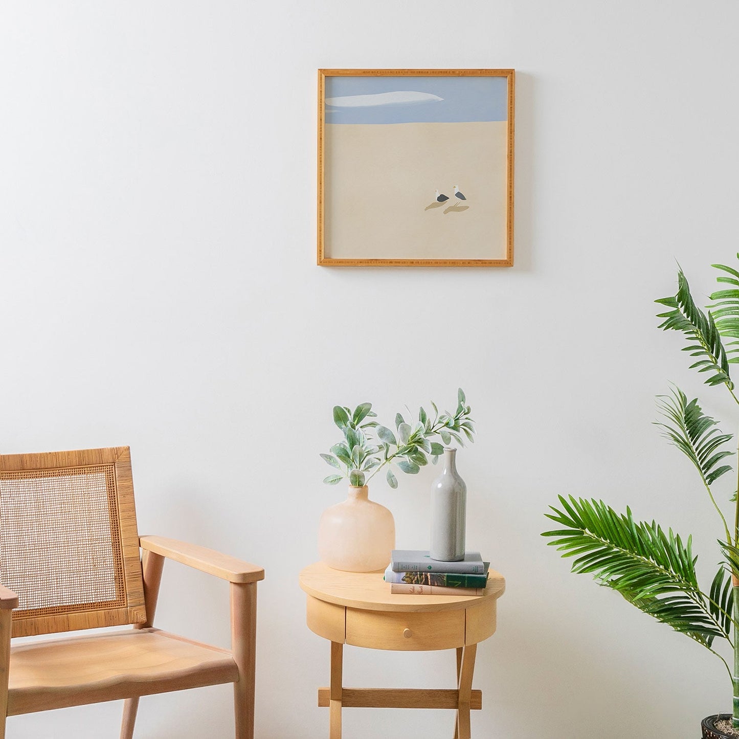 Little Dean Minimal sand beach with seagull Framed Wall Art