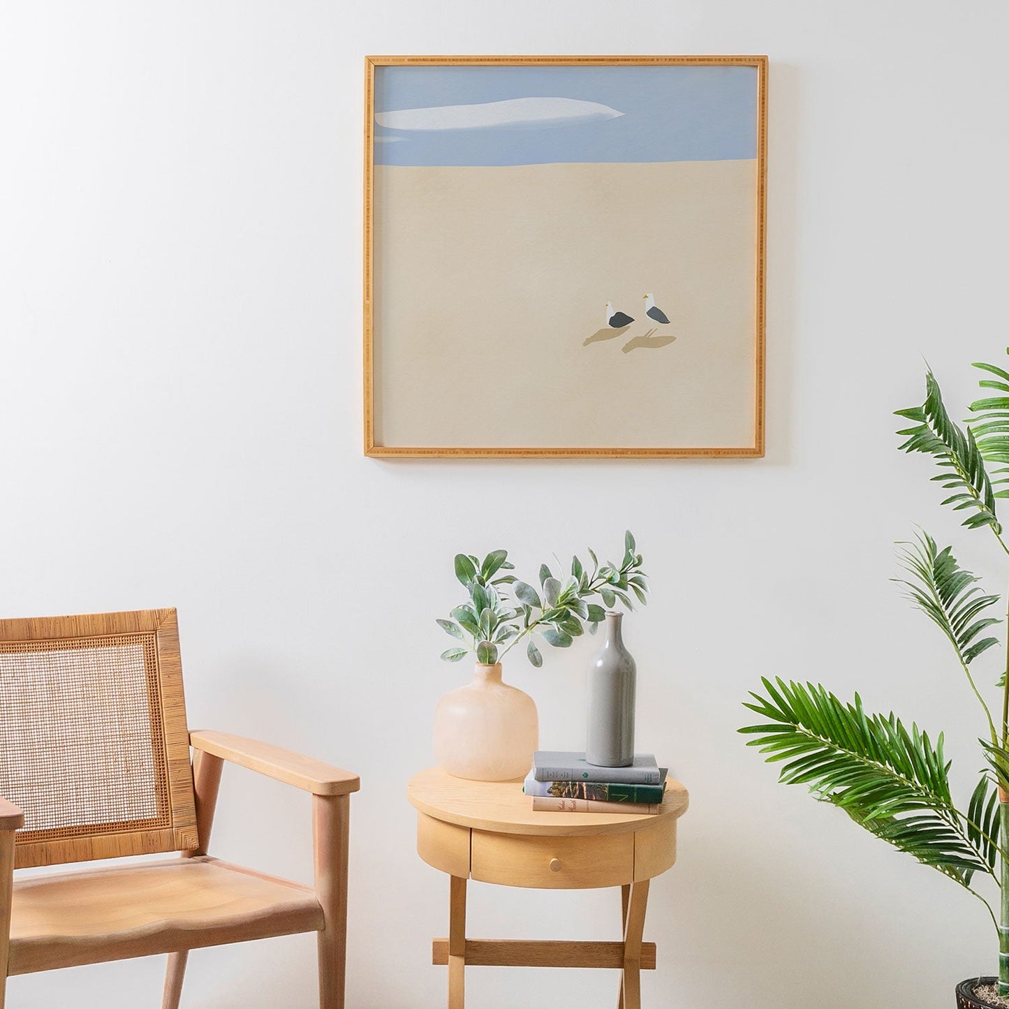 Little Dean Minimal sand beach with seagull Framed Wall Art