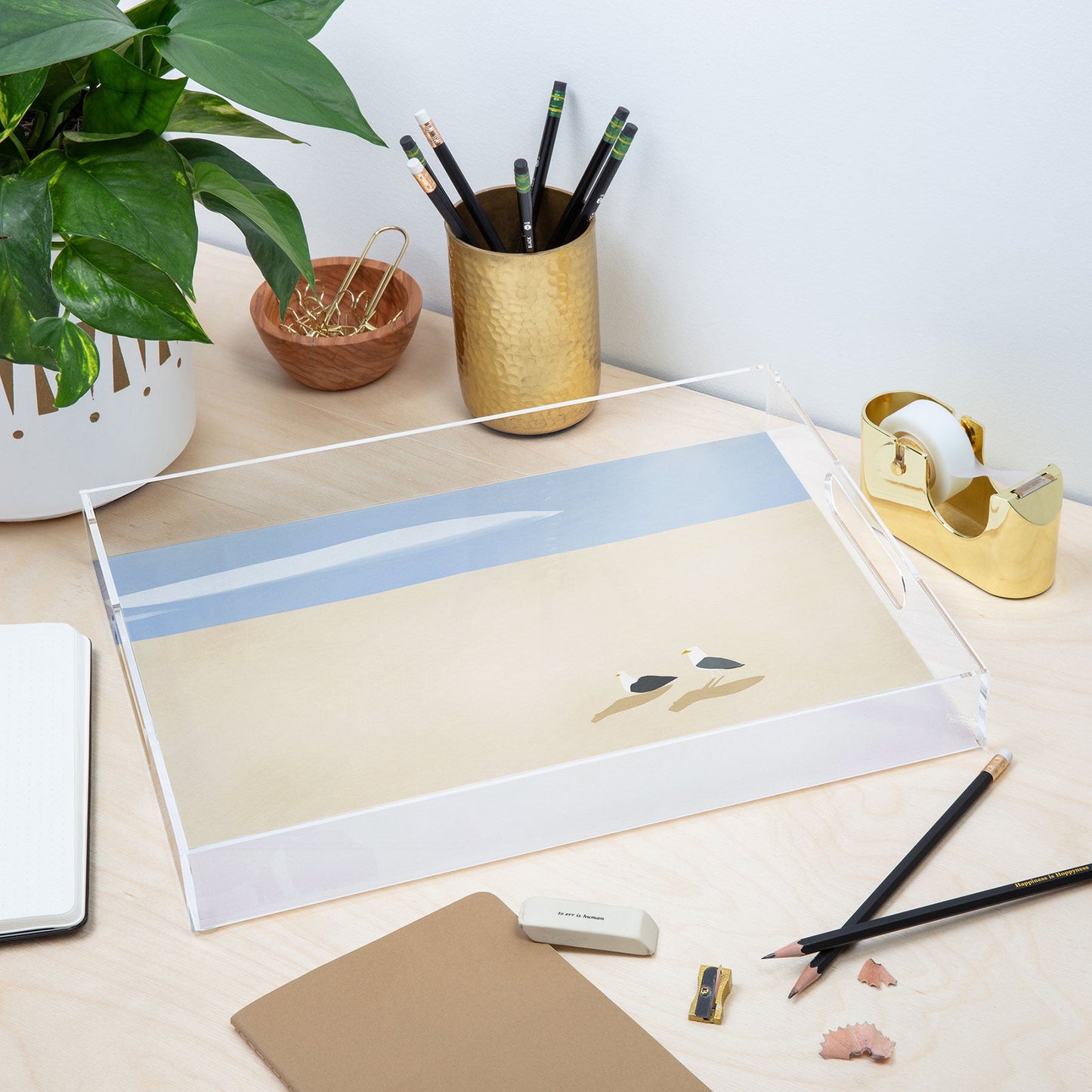 Little Dean Minimal sand beach with seagull Acrylic Tray
