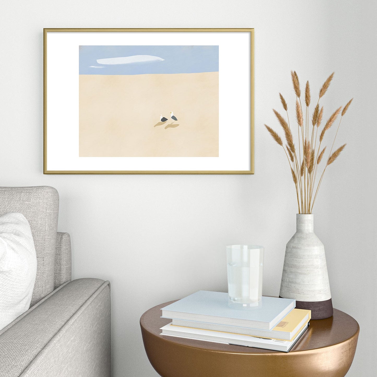 Little Dean Minimal sand beach with seagull Metal Framed Art Print