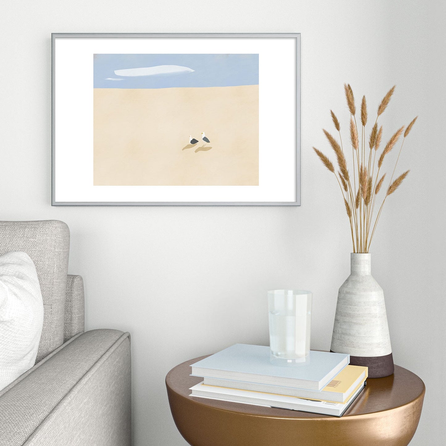 Little Dean Minimal sand beach with seagull Metal Framed Art Print