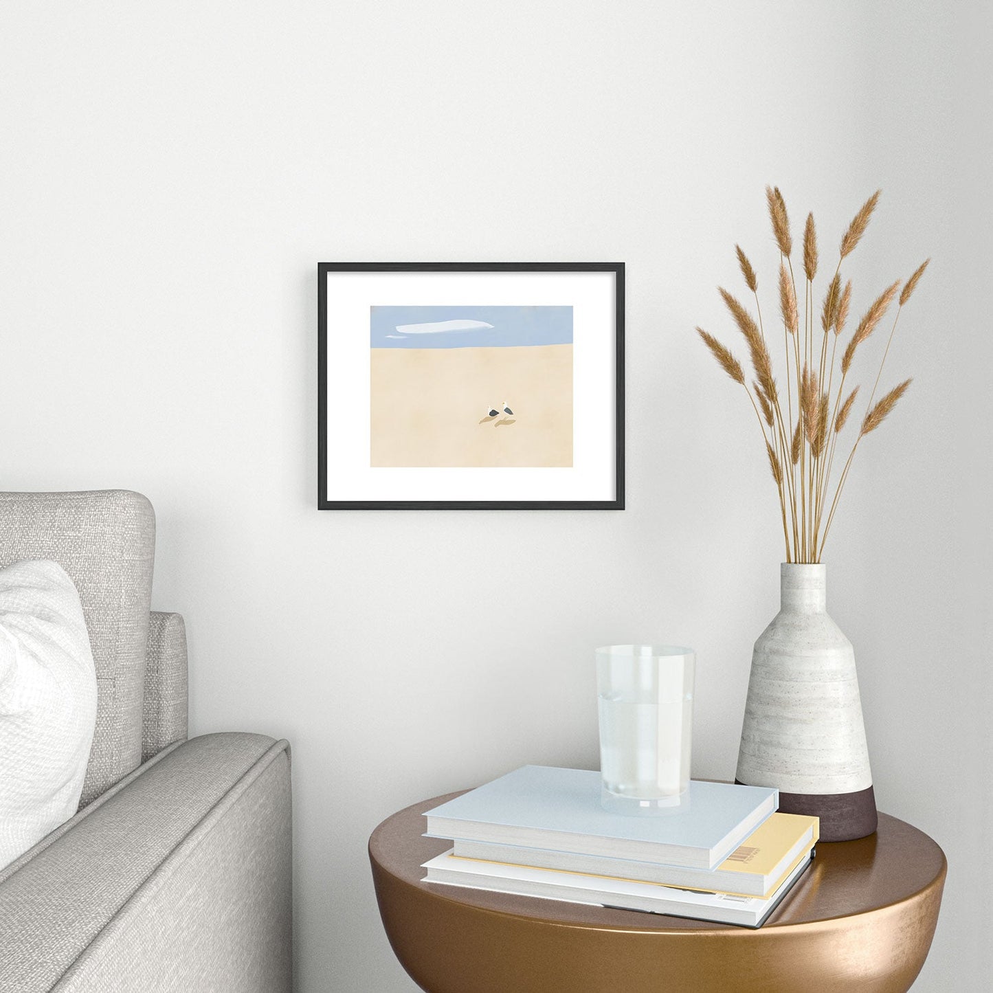 Little Dean Minimal sand beach with seagull Metal Framed Art Print