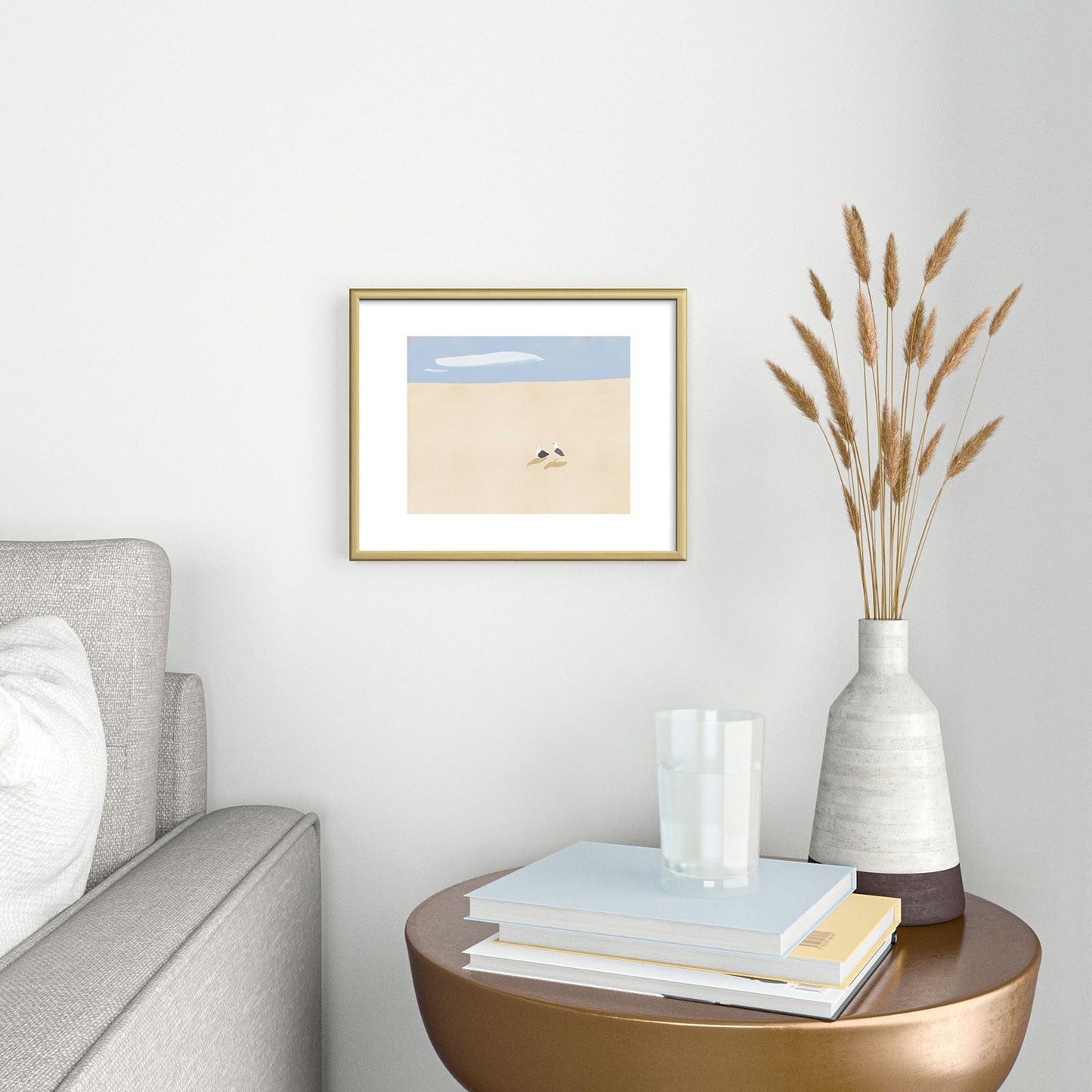 Little Dean Minimal sand beach with seagull Metal Framed Art Print