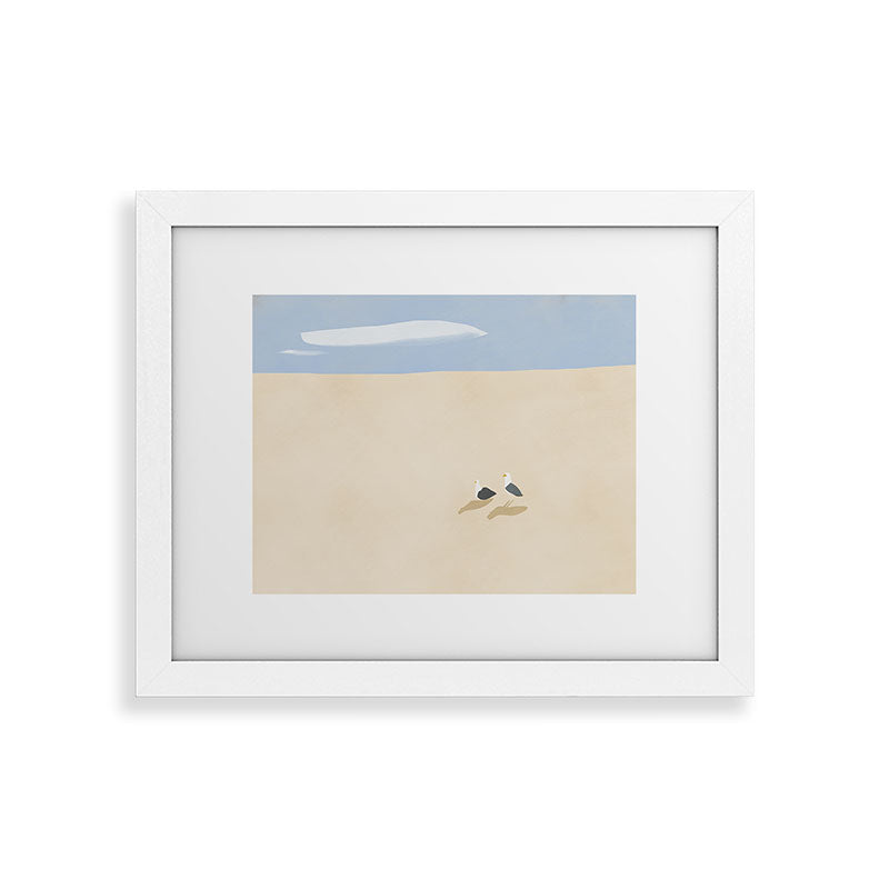 Little Dean Minimal sand beach with seagull Framed Art Print