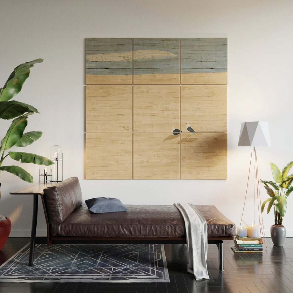 Little Dean Minimal sand beach with seagull Wood Wall Mural
