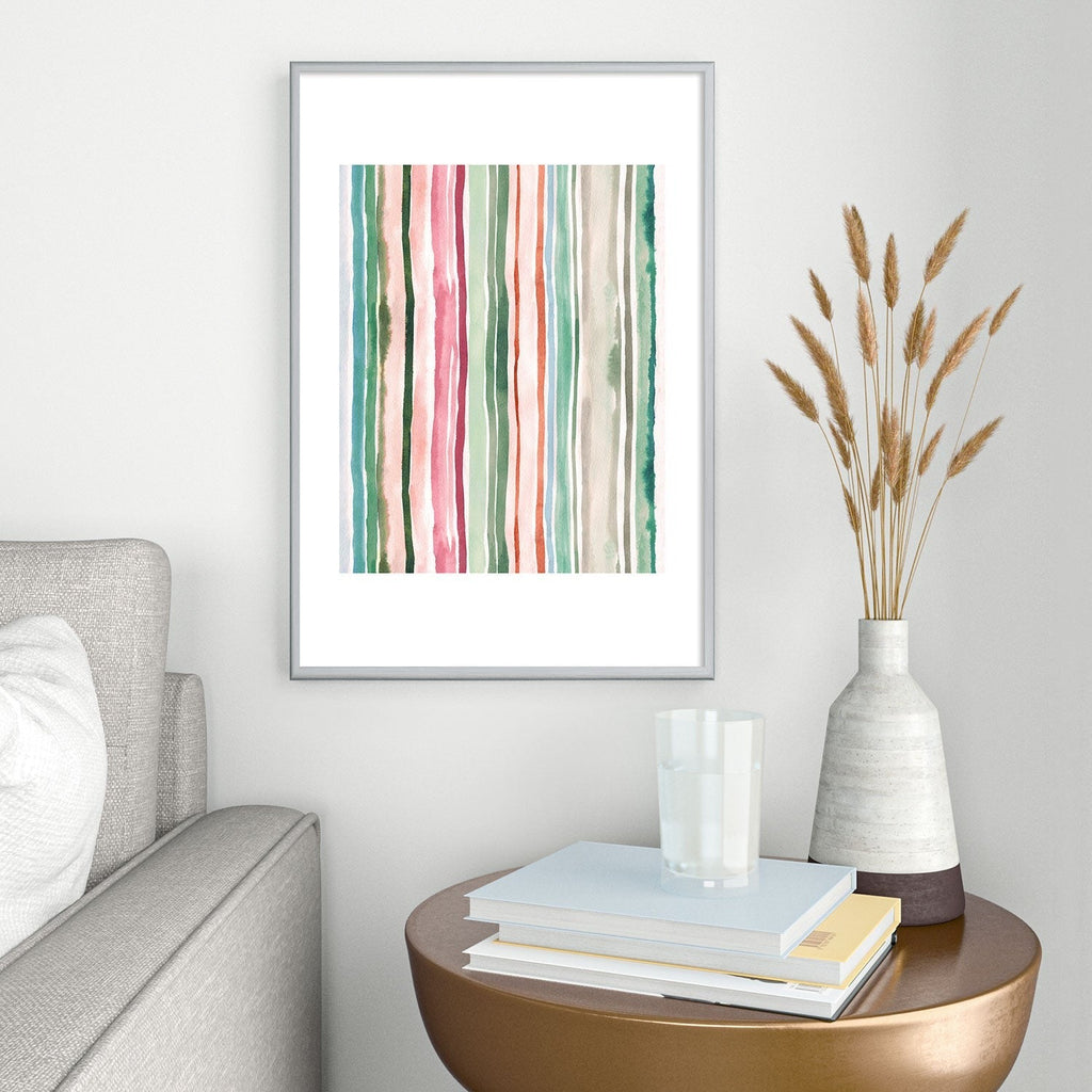Ninola Design Botanic Retreat Watercolor Stripes Green Orange Red Metal Framed Art Print