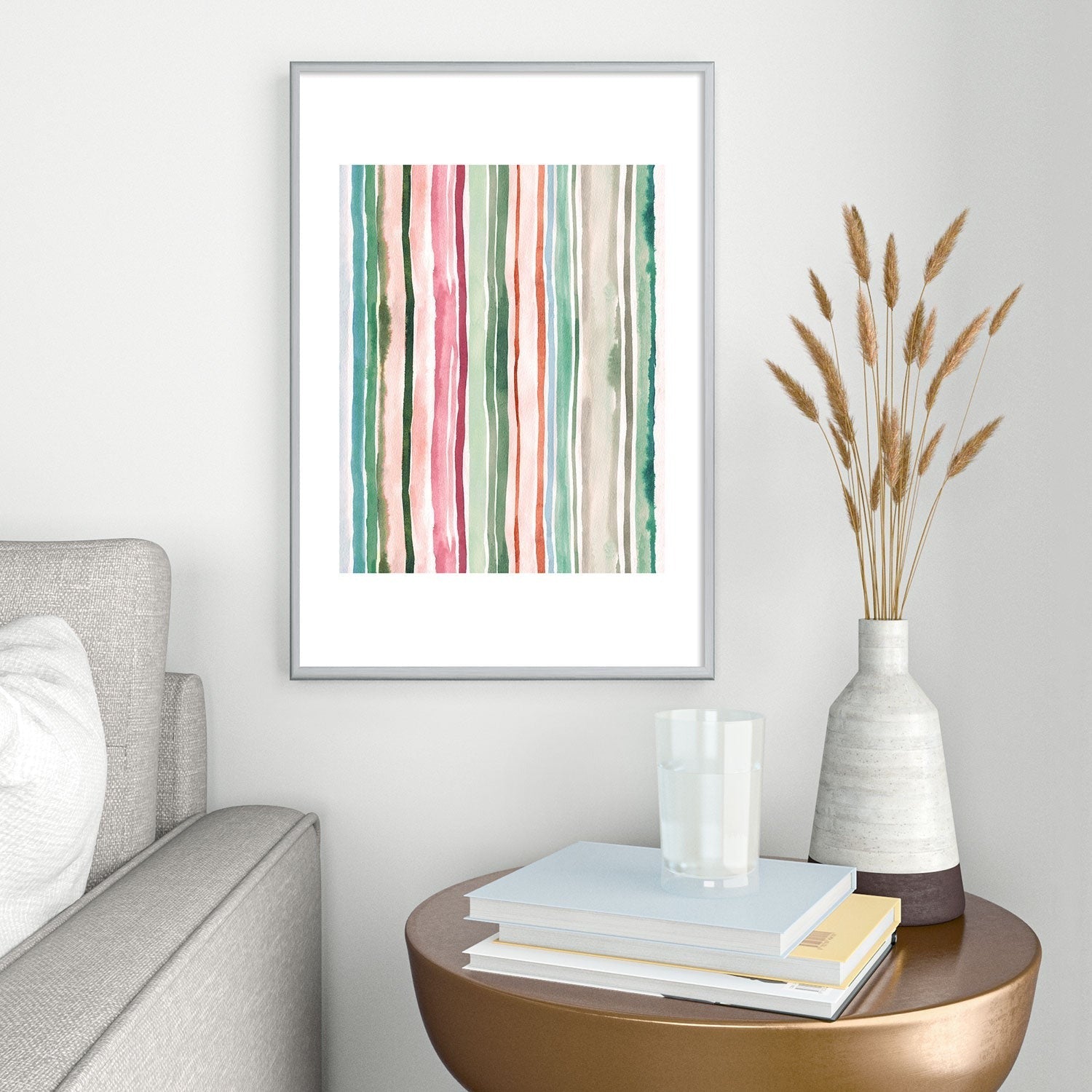Ninola Design Botanic Retreat Watercolor Stripes Green Orange Red Metal Framed Art Print