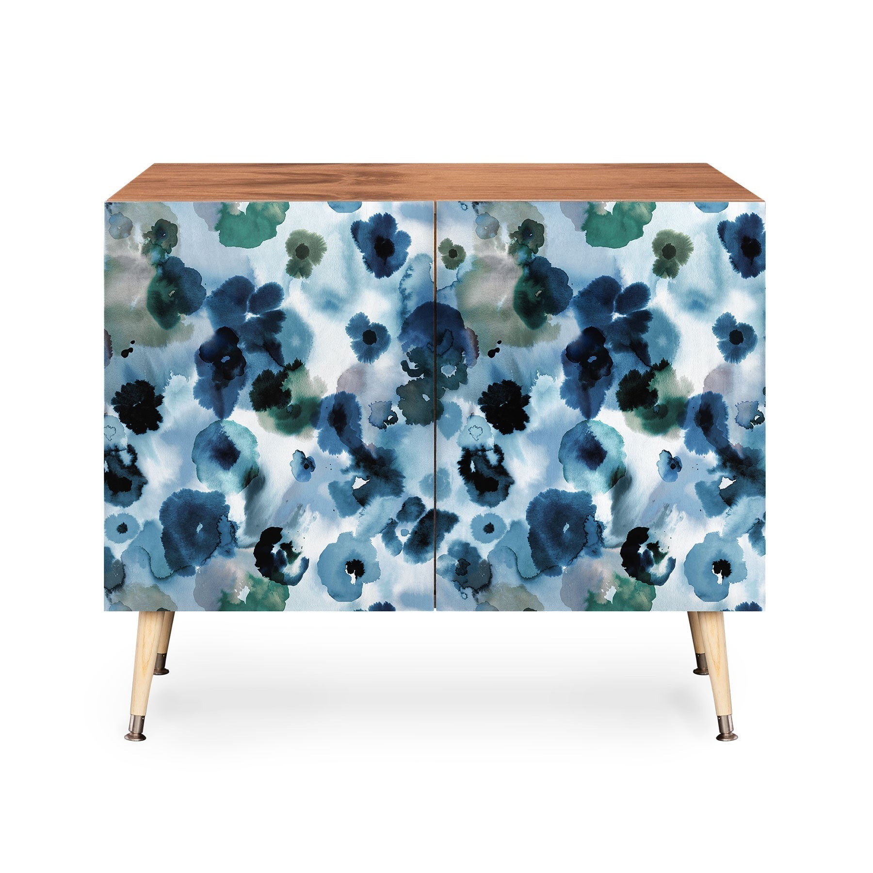 Ninola Design Botanic Retreat Ombre Abstract Watercolor Flowers Blue Navy Credenza