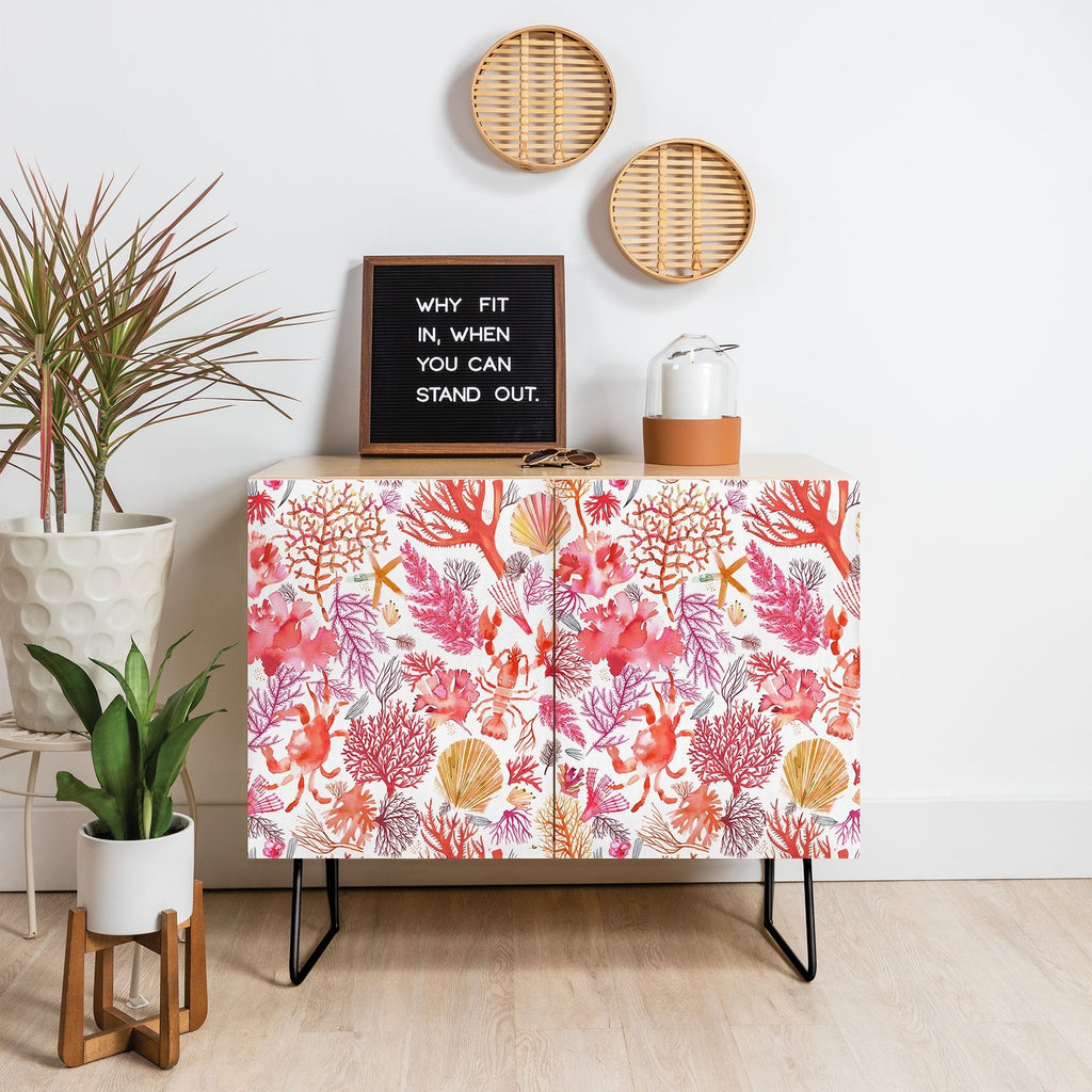 Ninola Design Botanic Retreat Coral Reef Crab Lobster Red Credenza