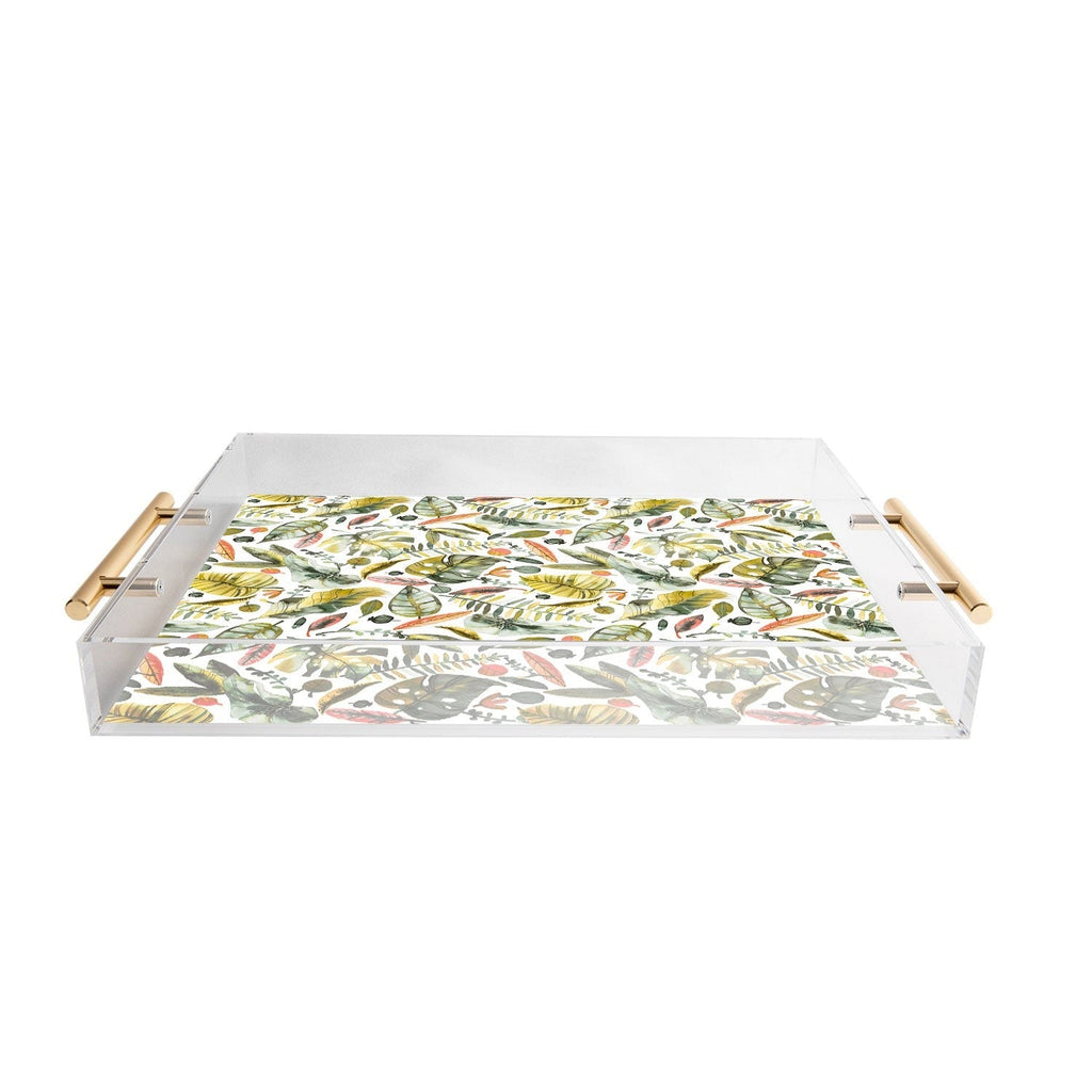 Ninola Design Botanic Retreat Tropical Jungle Leaves Botanical Green Orange Acrylic Tray