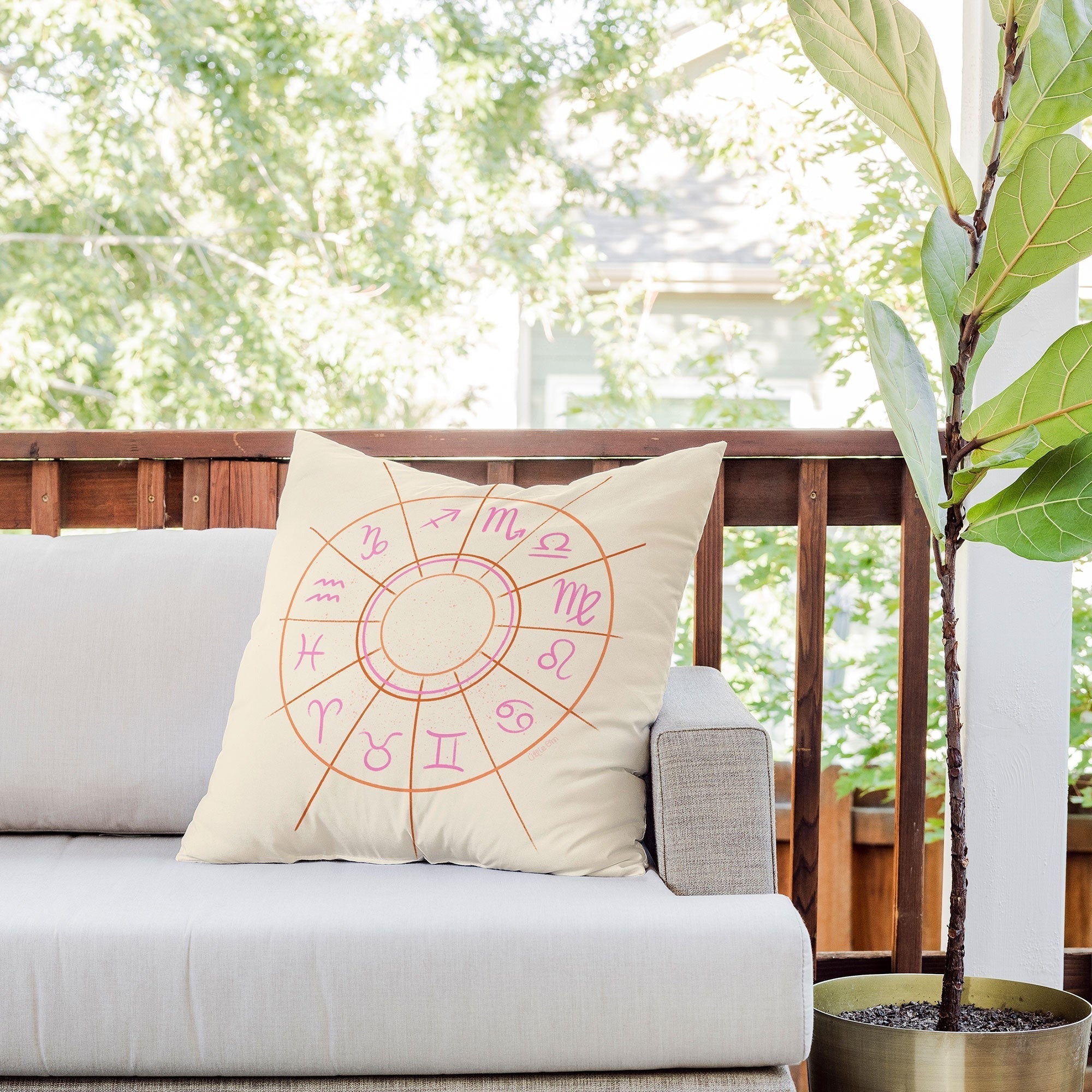 Little Om Zodiac Signs cream Outdoor Throw Pillow