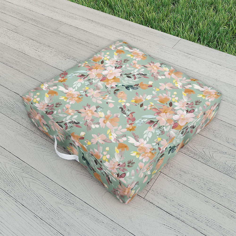 Ninola Design Botanic Retreat Floral Oleander Whimsical Teal Green Outdoor Floor Cushion