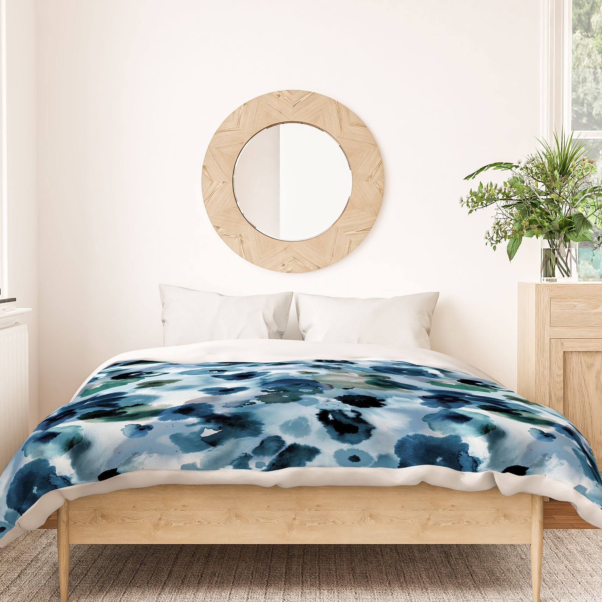 Ninola Design Botanic Retreat Ombre Abstract Watercolor Flowers Blue Navy Duvet Cover