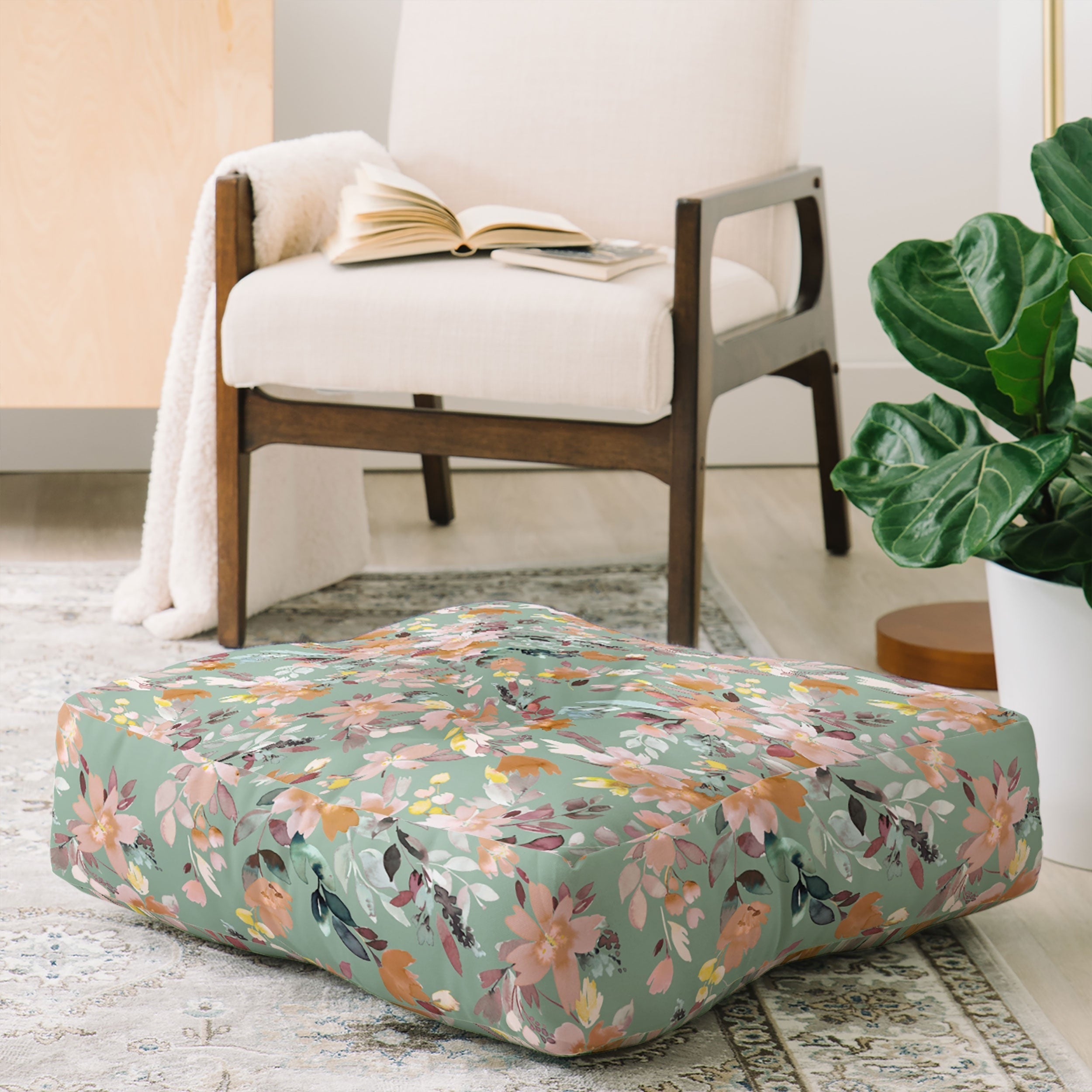 Ninola Design Botanic Retreat Floral Oleander Whimsical Teal Green Floor Pillow Square