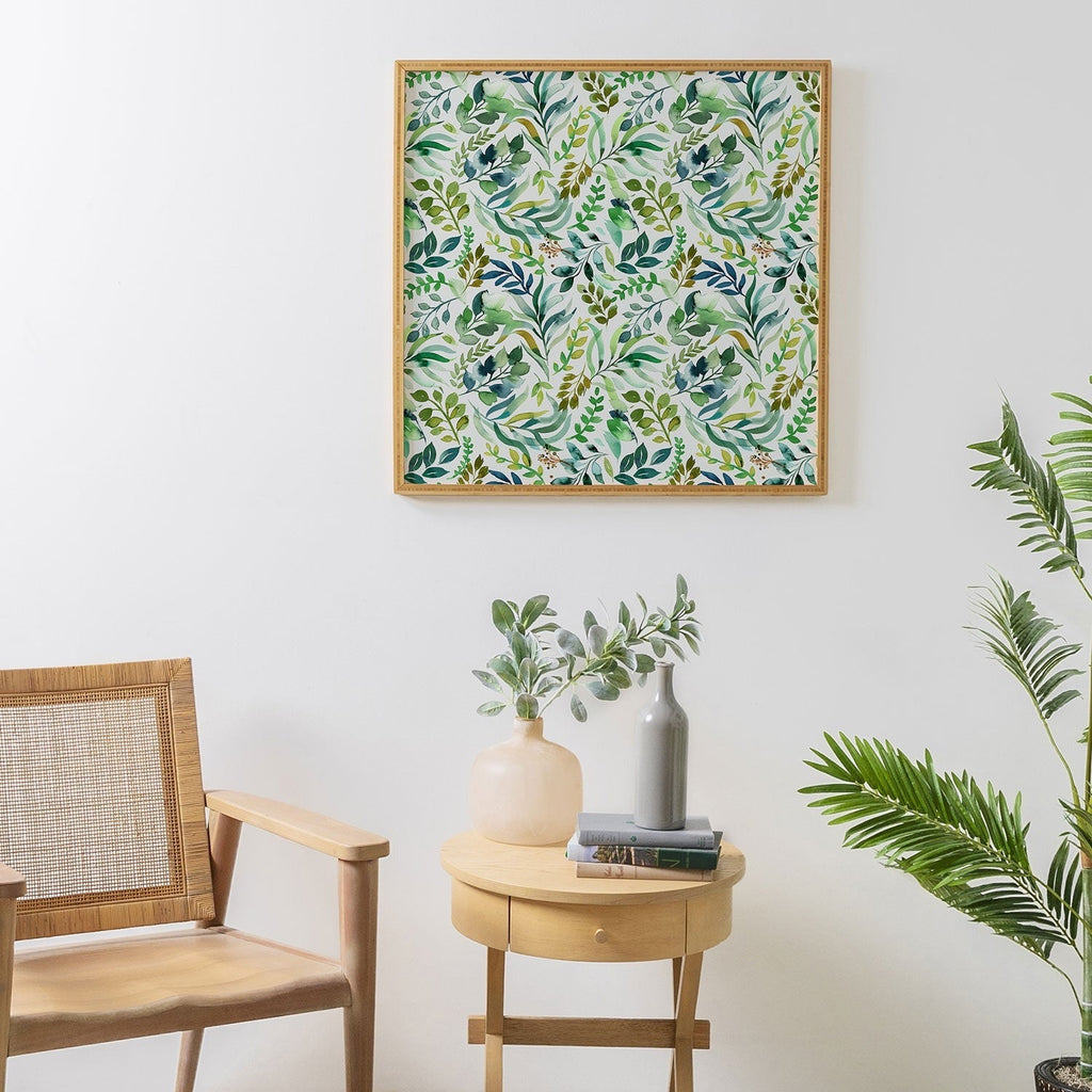 Ninola Design Botanic Retreat Loose Botanical Leaves Watercolor Green Framed Wall Art