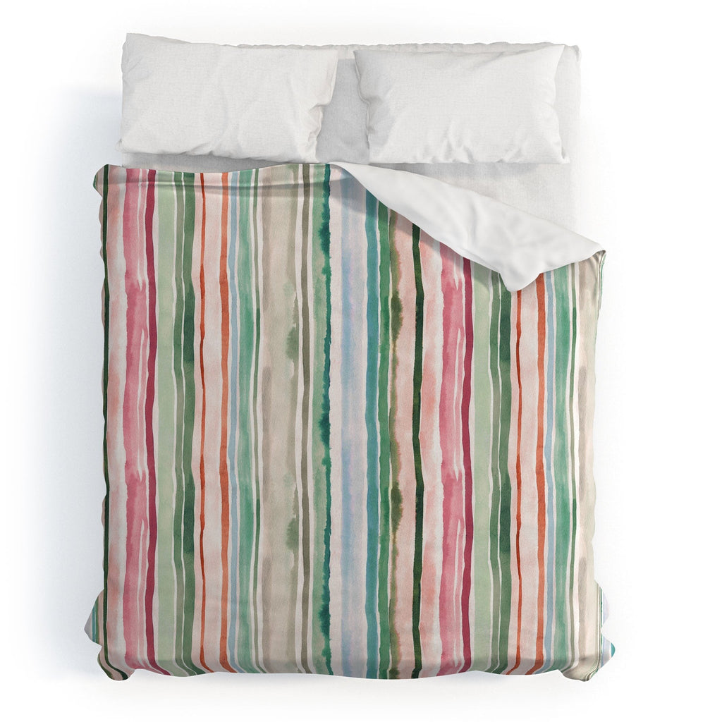 Ninola Design Botanic Retreat Watercolor Stripes Green Orange Red Duvet Cover