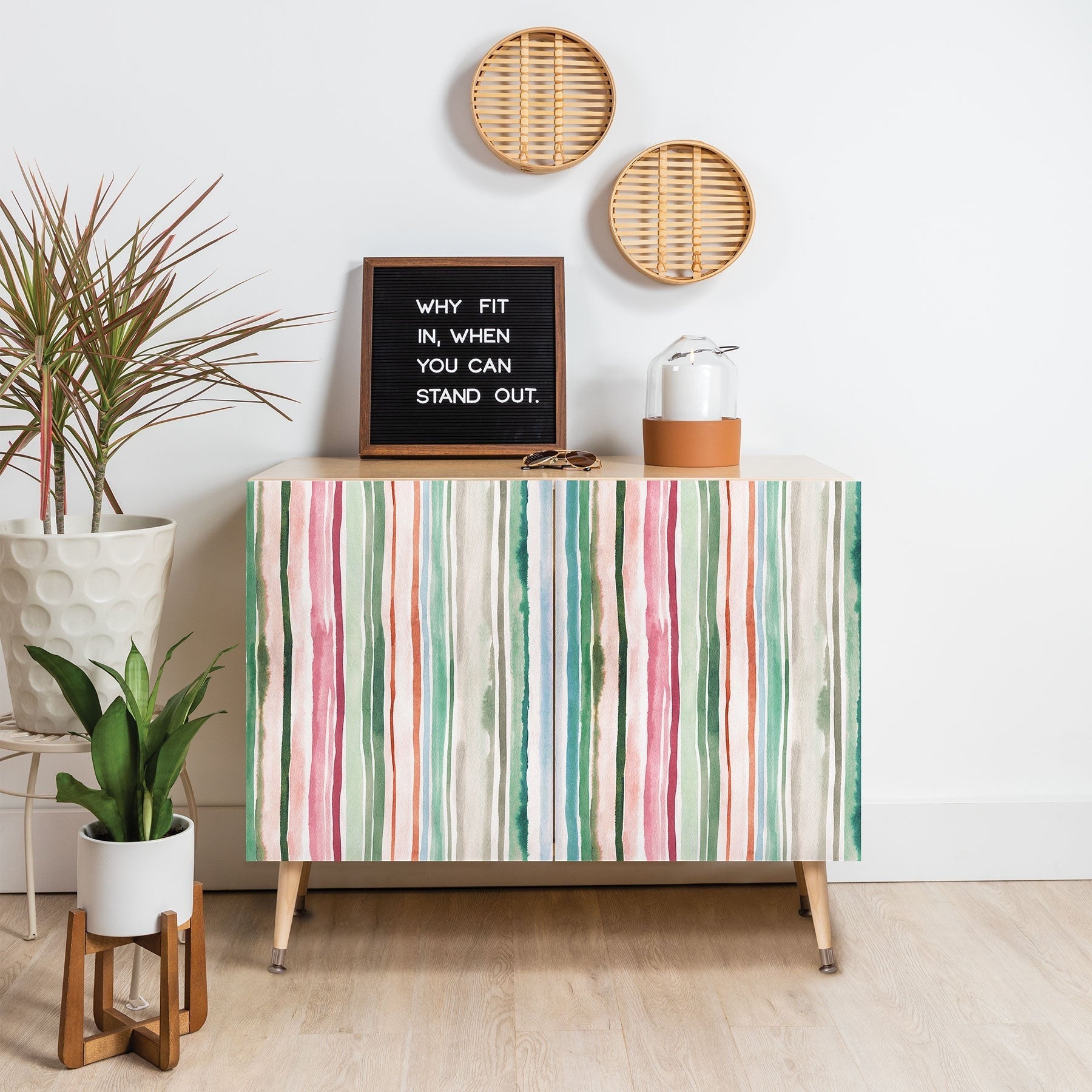 Ninola Design Botanic Retreat Watercolor Stripes Green Orange Red Credenza