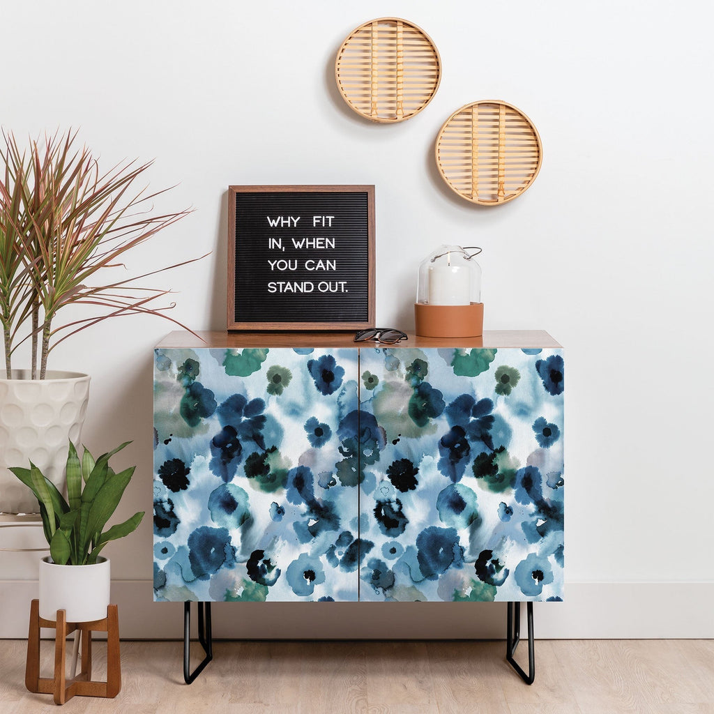 Ninola Design Botanic Retreat Ombre Abstract Watercolor Flowers Blue Navy Credenza