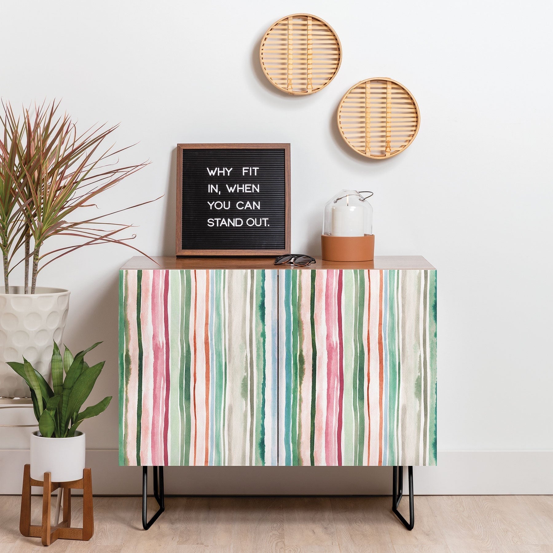 Ninola Design Botanic Retreat Watercolor Stripes Green Orange Red Credenza