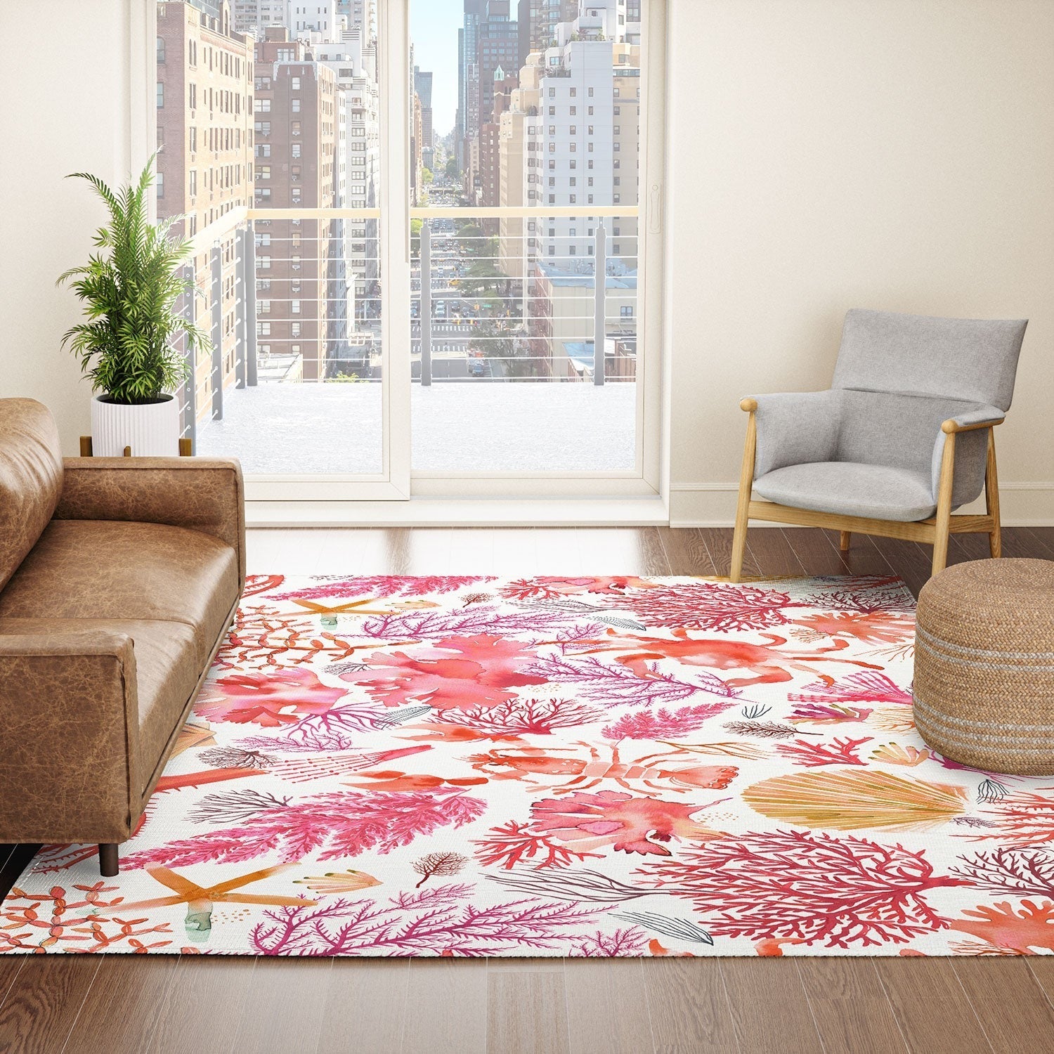 Ninola Design Botanic Retreat Coral Reef Crab Lobster Red Area Rug