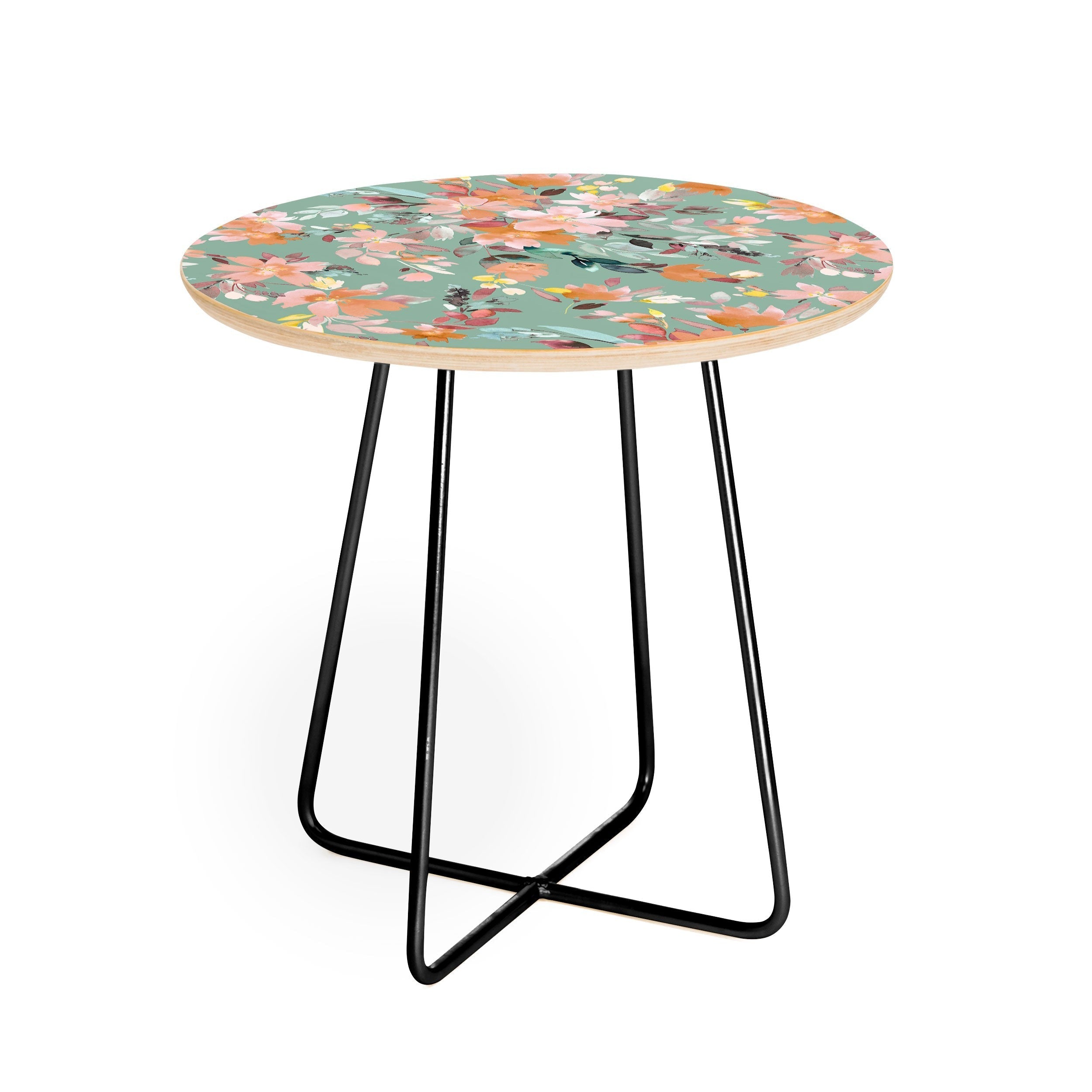 Ninola Design Botanic Retreat Floral Oleander Whimsical Teal Green Round Side Table
