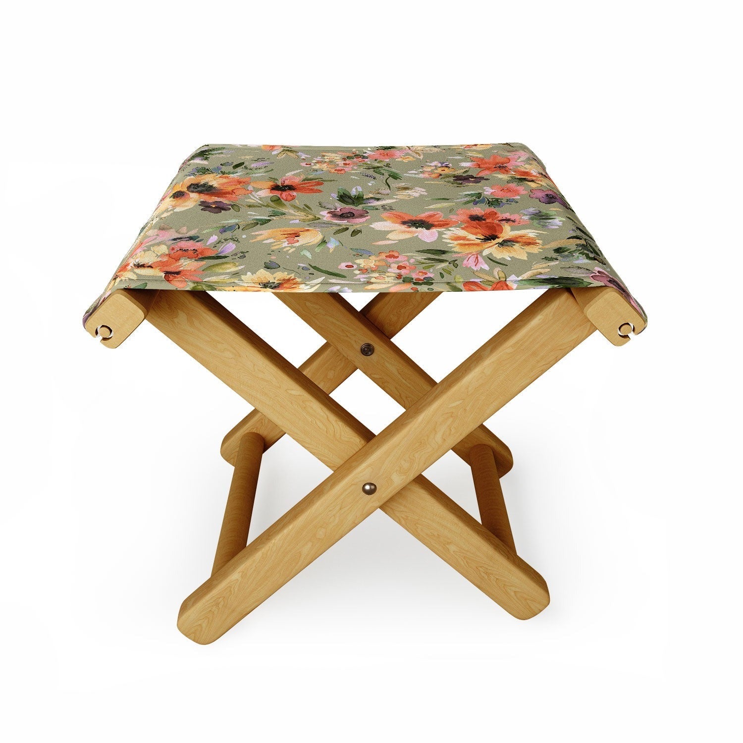 Ninola Design Botanic Retreat Painterly Tropical Flowers Sage Green Folding Stool