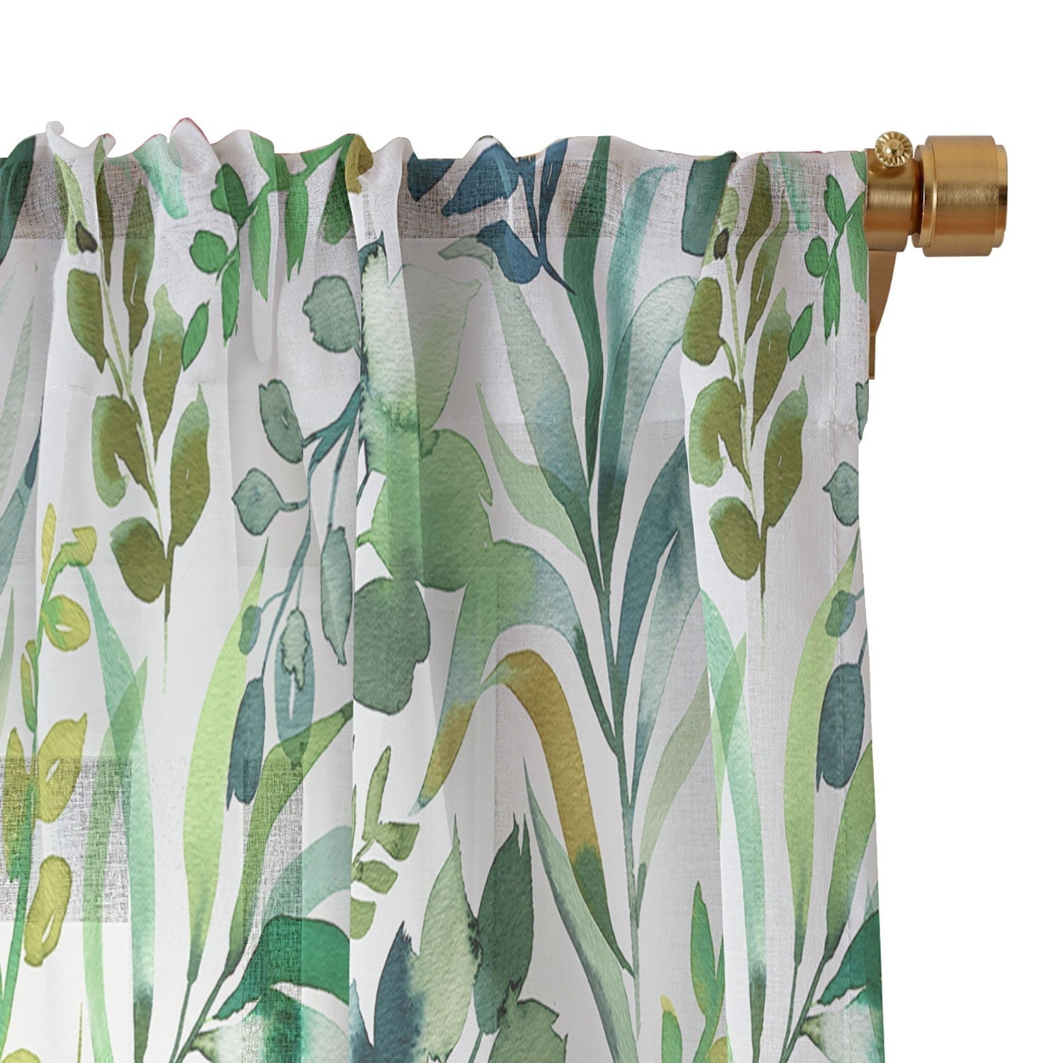 Ninola Design Botanic Retreat Loose Botanical Leaves Watercolor Green Sheer Window Curtain