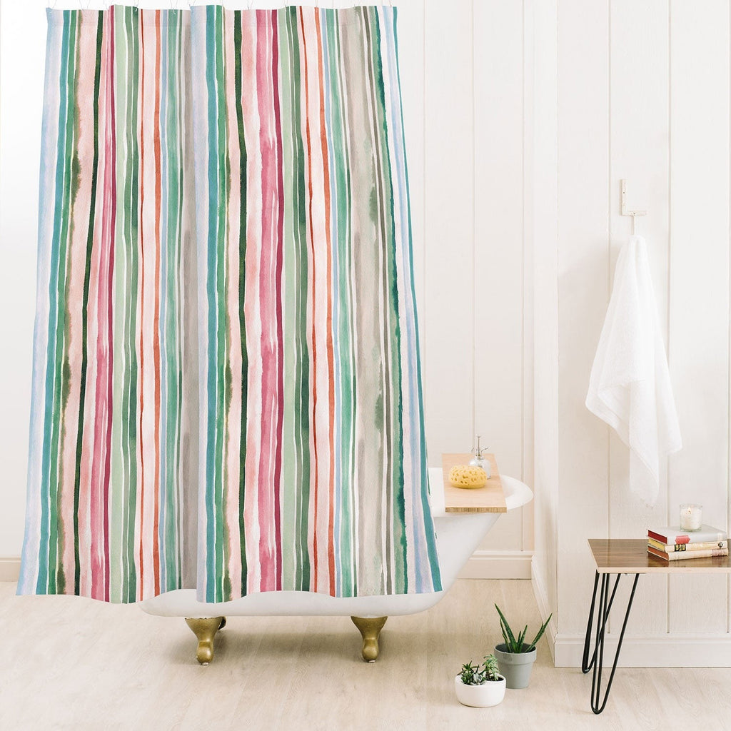 Ninola Design Botanic Retreat Watercolor Stripes Green Orange Red Shower Curtain