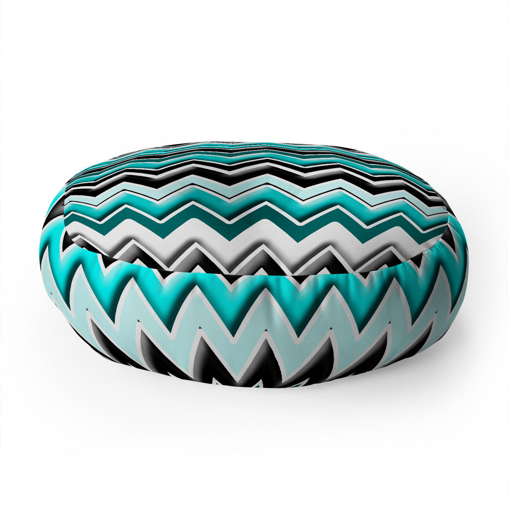 Madart Inc. Turquoise Black White Chevron Floor Pillow Round